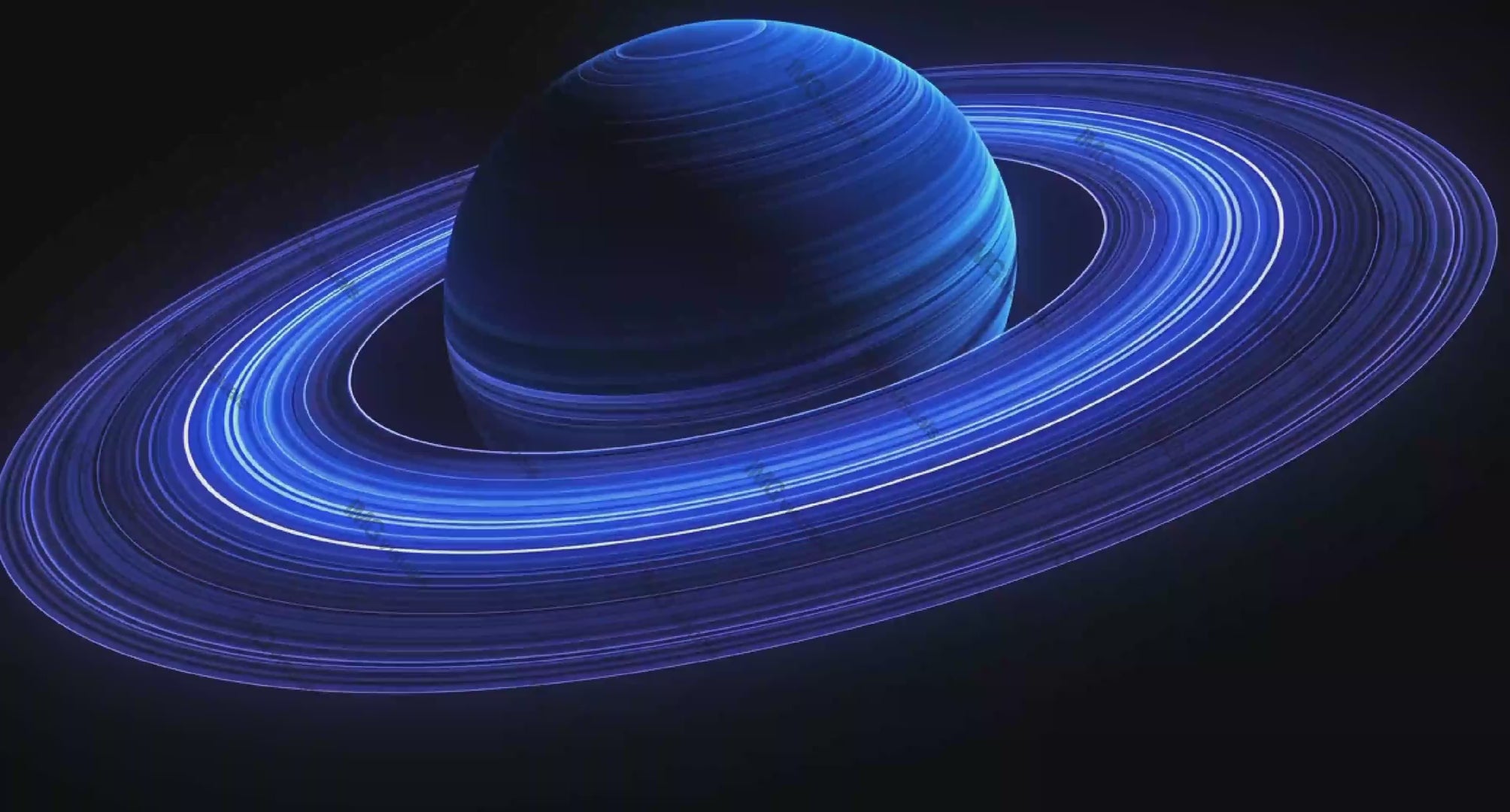 Futuristic digital planet with neon-blue rings video animation, ai generated. High-tech space. Radiant glow modern cosmos animated footage HD clip seamless motion graphics. Outerspace concept