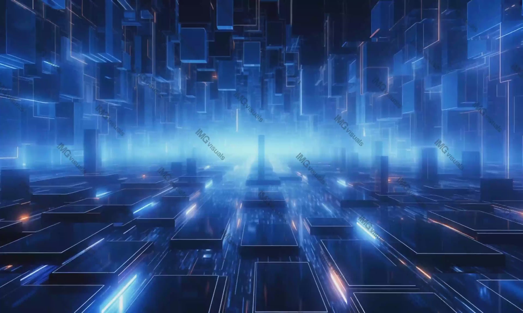 Luminous blue geometric architecture with orange highlights video animation, ai generated. Matrix of advanced computing animated footage HD clip motion graphics. Digital infrastructure concept