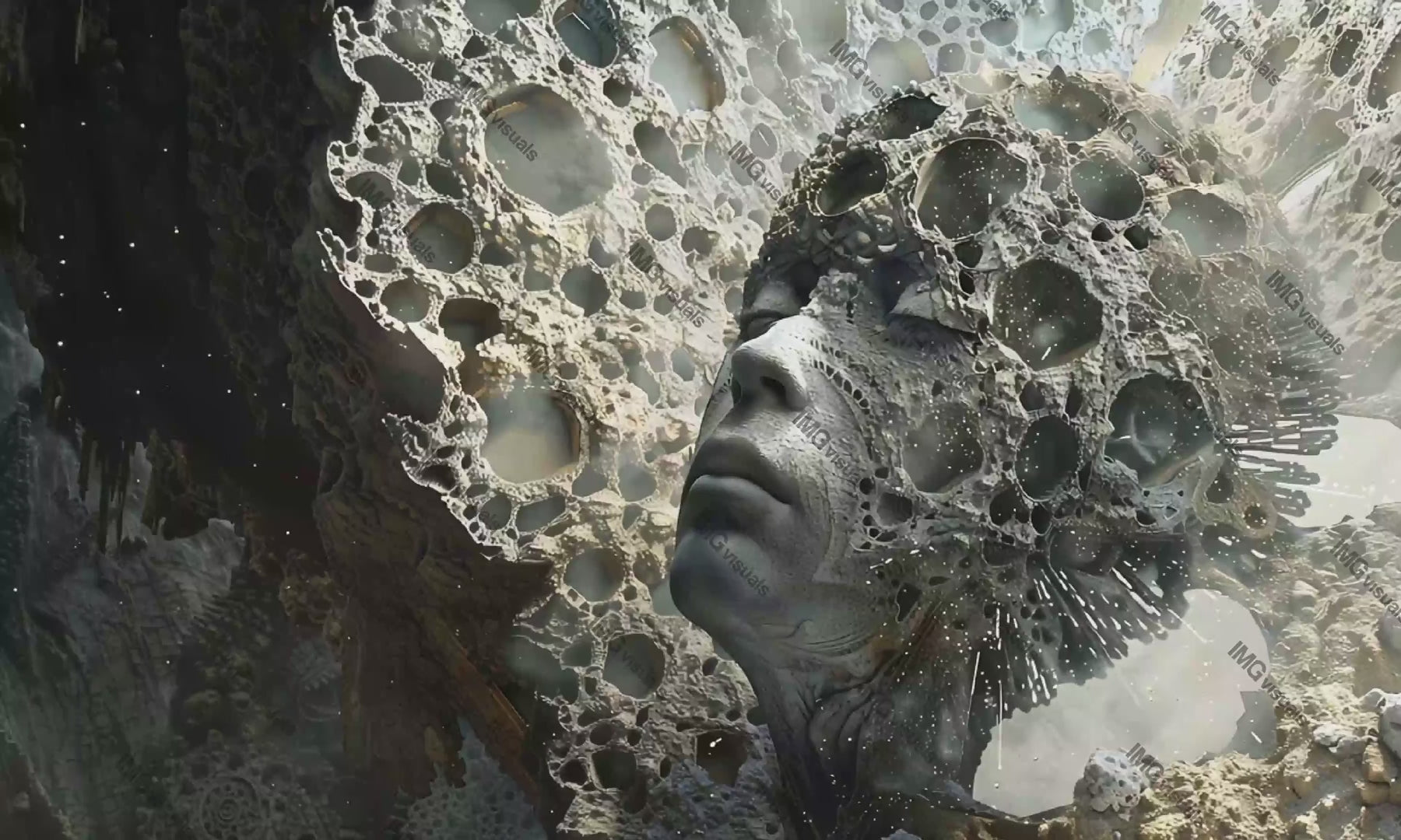 Surreal human face emerging from cosmic voids video animation, ai generated. Intricate bone textures sculpture abstract animated footage HD clip seamless motion graphics. Emotional impact concept