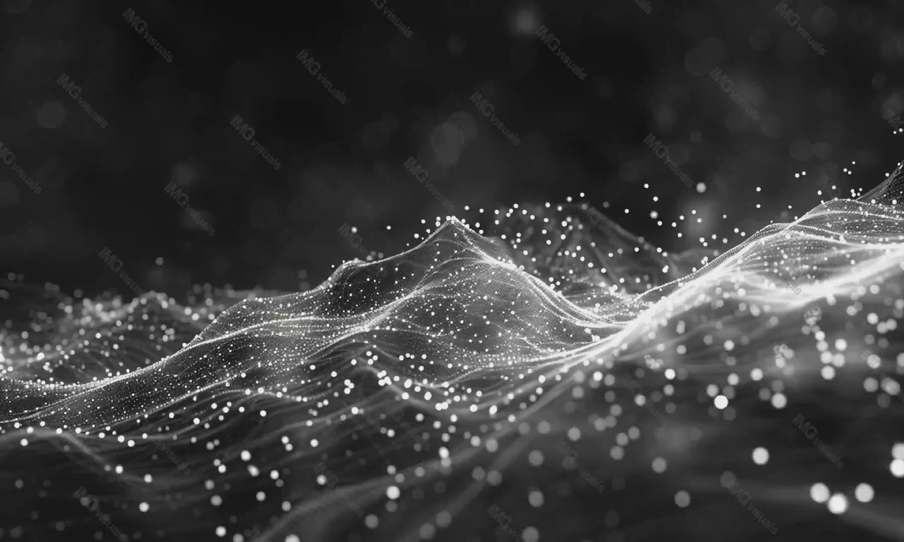 Grayscale digital landscape of flowing waves video animation, ai generated. Numerous white dots bokeh, smooth curves animated footage HD clip seamless motion graphics. Data visualization concept