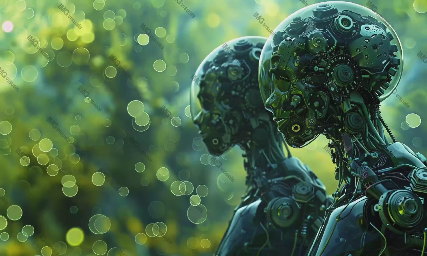 Two robotic heads against green bokeh lights video animation, ai generated. Robots with detailed mechanical designs animated footage HD clip seamless motion graphics. Clone nature futuristic concept