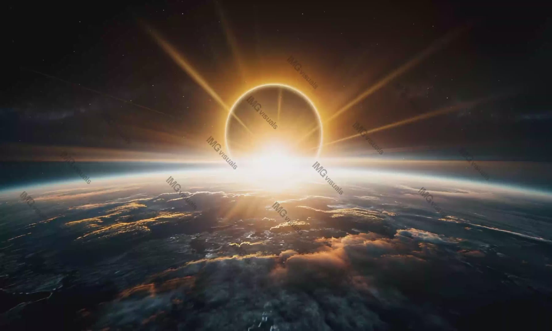 Solar eclipse over Earth video animation, ai generated. Sun rays illuminating planet atmosphere. Cosmic sunrise light beams animated footage HD clip seamless motion graphics. Outerspace concept