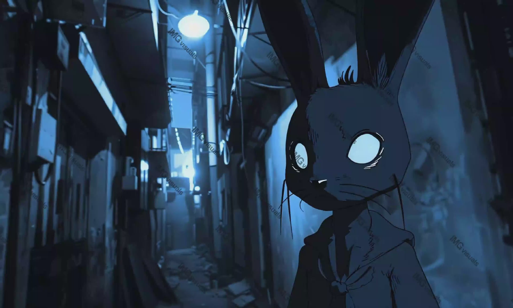 Anthropomorphic rabbit in moody dimly lit alley video animation, ai generated. Creepy shadow. Urban alleyway mysterious animated footage HD clip seamless motion graphics. Film noir aesthetic concept