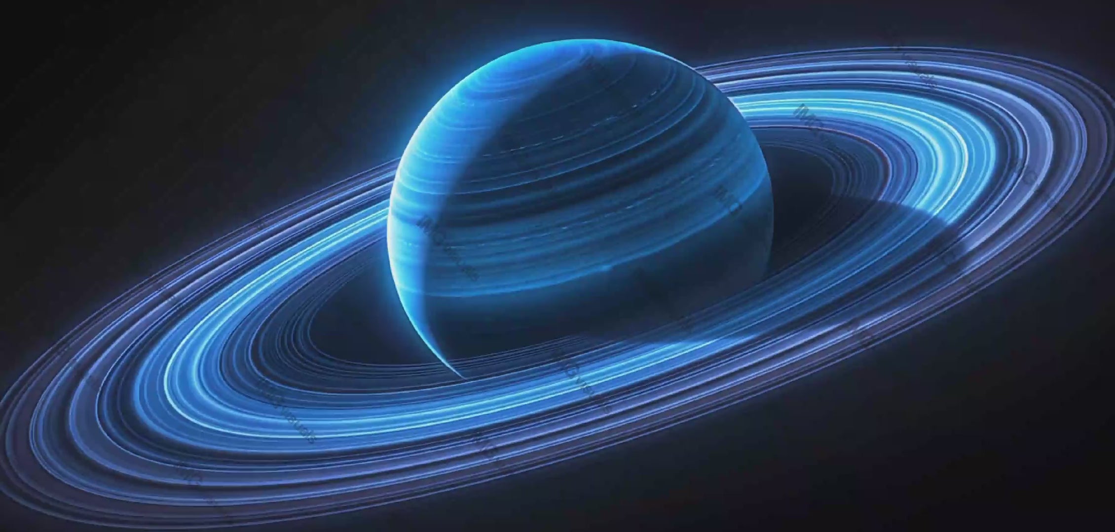 Deep blue planet with dynamic rings against dark cosmic video animation, ai generated. Ringed cosmos futuristic. Sci-fi universe animated footage HD clip seamless motion graphics. Outerspace concept