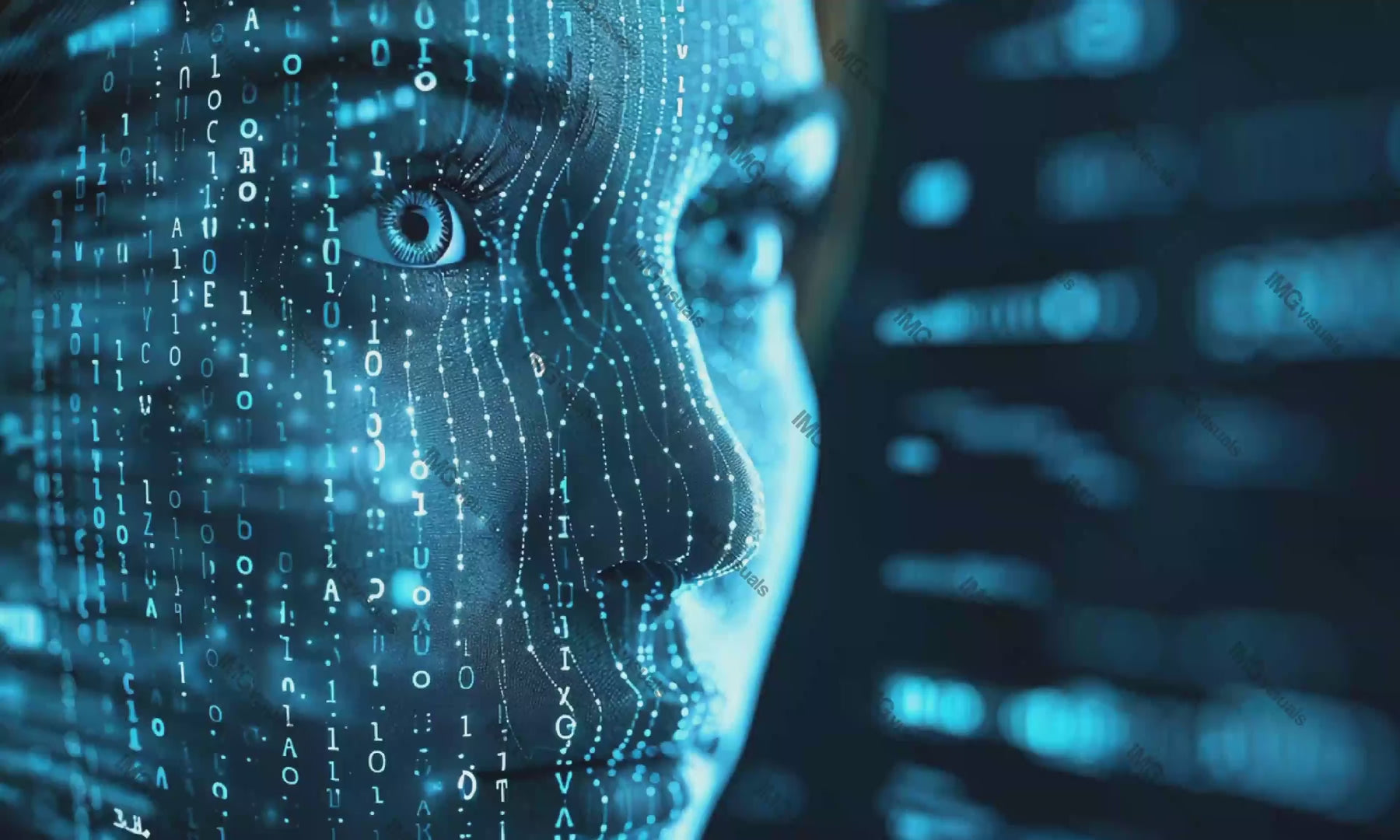 Woman face with glowing blue binary code video animation, ai generated. Data streams overlaid female animated footage HD clip seamless motion graphics. Futuristic digital. Data visualization concept