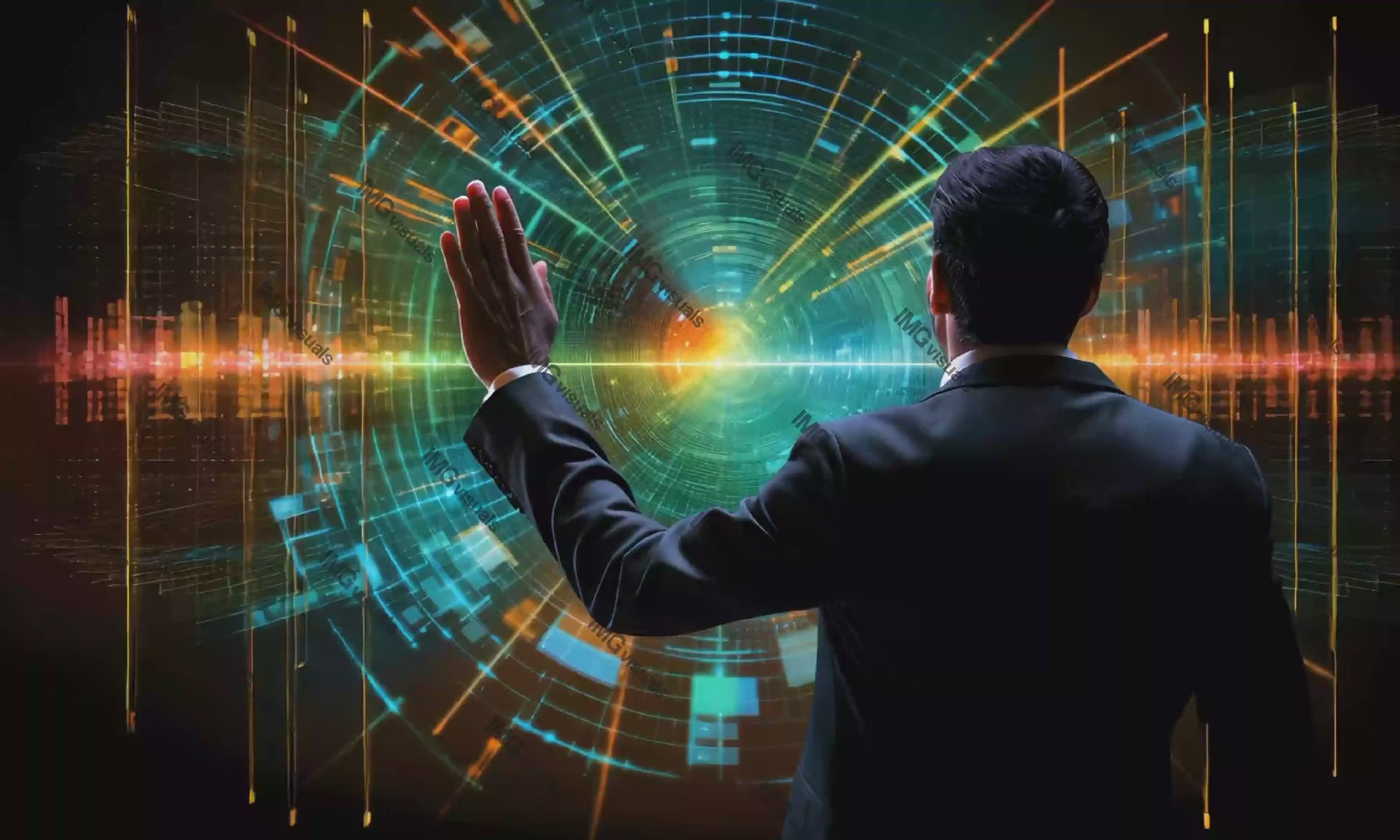 Businessman in suit interacts with futuristic digital interface video animation, ai generated. Advanced technology animated footage HD clip seamless motion graphics. Complex data visualization concept