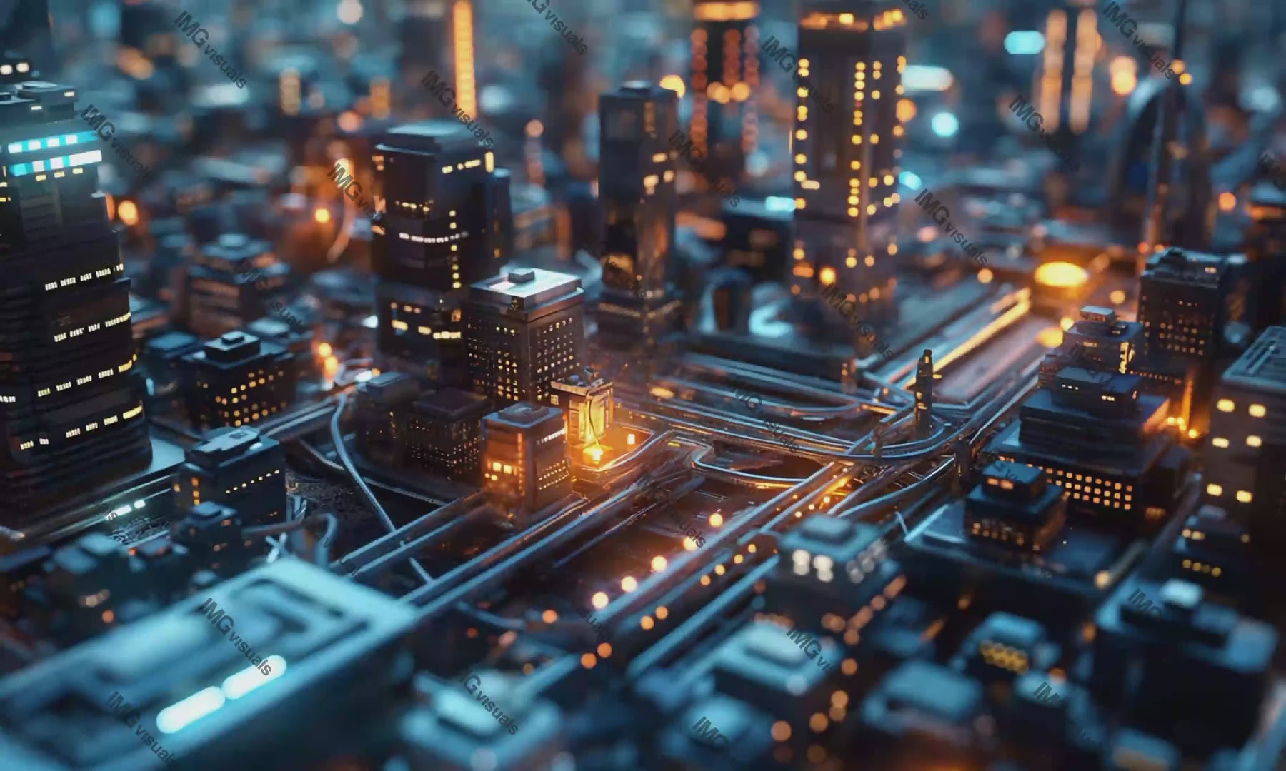Detailed miniature cityscape at night with wires video animation, ai generated. Futuristic architecture animated footage HD clip seamless motion graphics. Technology. Intricate urban planning concept