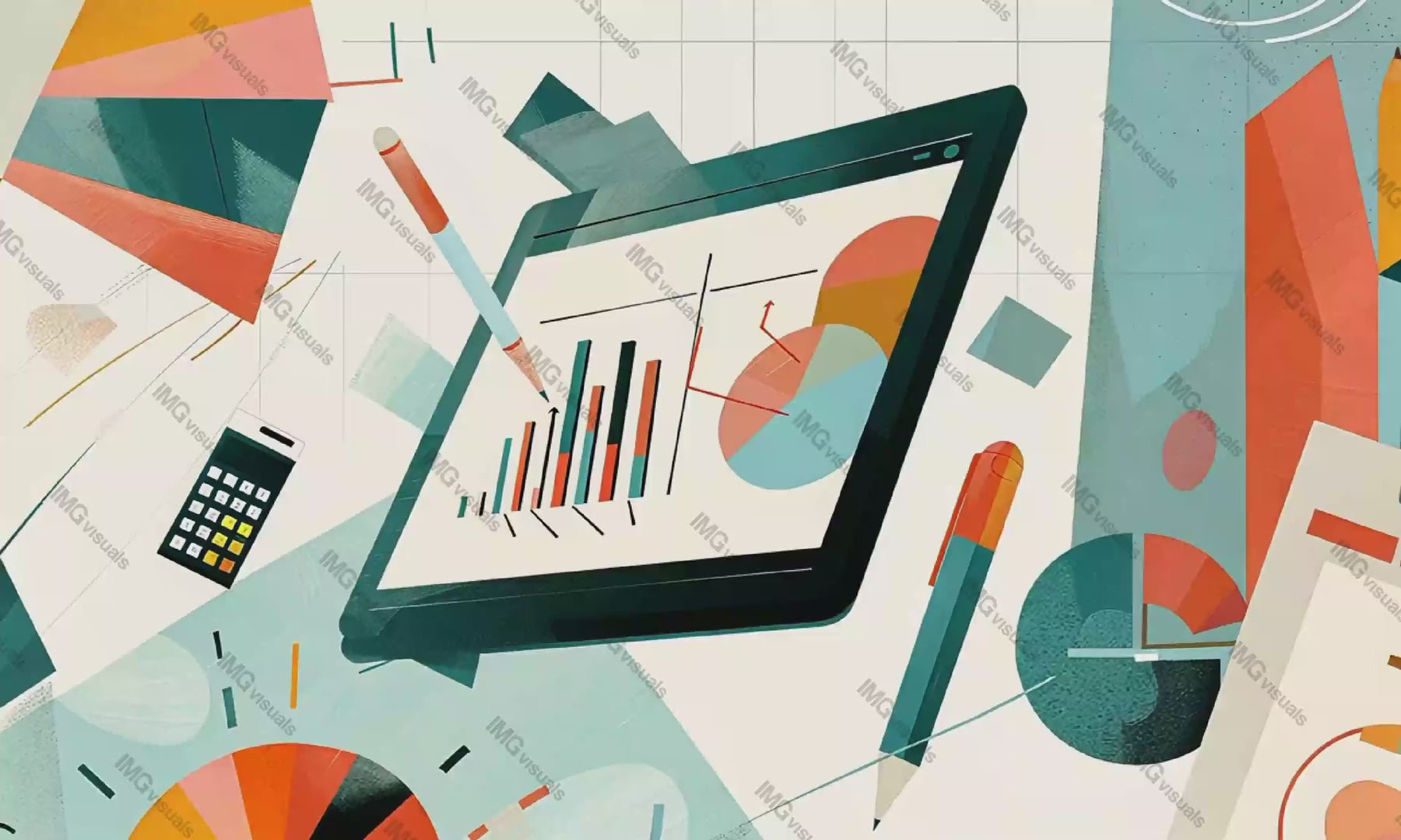 Tablet with abstract charts office stationery video animation, ai generated. Data analysis. Floating calculator pens animated footage HD clip seamless motion graphics. Business productivity concept
