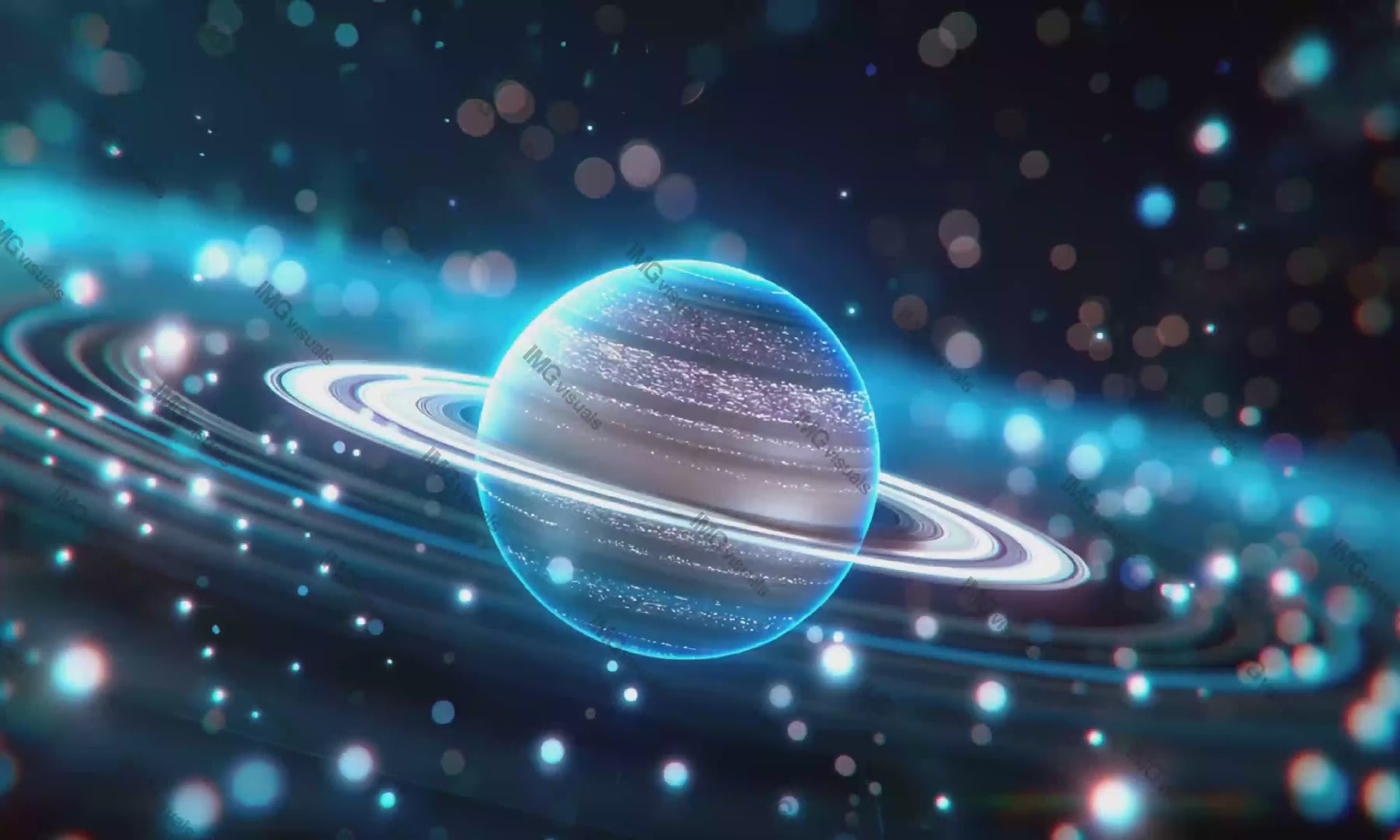 Glittering planet with rings sparkling bokeh dark video animation, ai generated. Cosmic scene. Starlit universe. Space phenomena animated footage HD clip seamless motion graphics. Outerspace concept