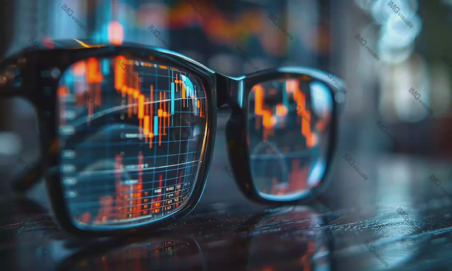 Eyeglasses reflecting stock market charts candlesticks video animation, ai generated. Financial analytical. Trader glasses animated footage HD clip seamless motion graphics. Data visualization concept