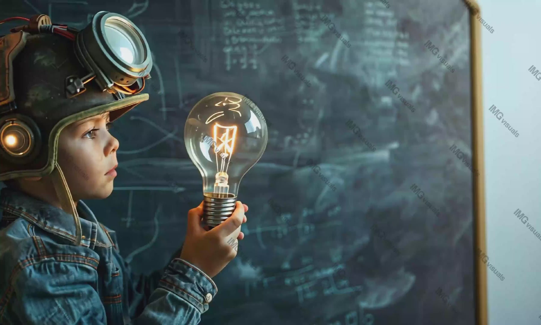 Young boy in steampunk helmet gazing at lightbulb video animation, ai generated. Chalk equations animated footage HD clip seamless motion graphics. Deep connection with science and exploration concept