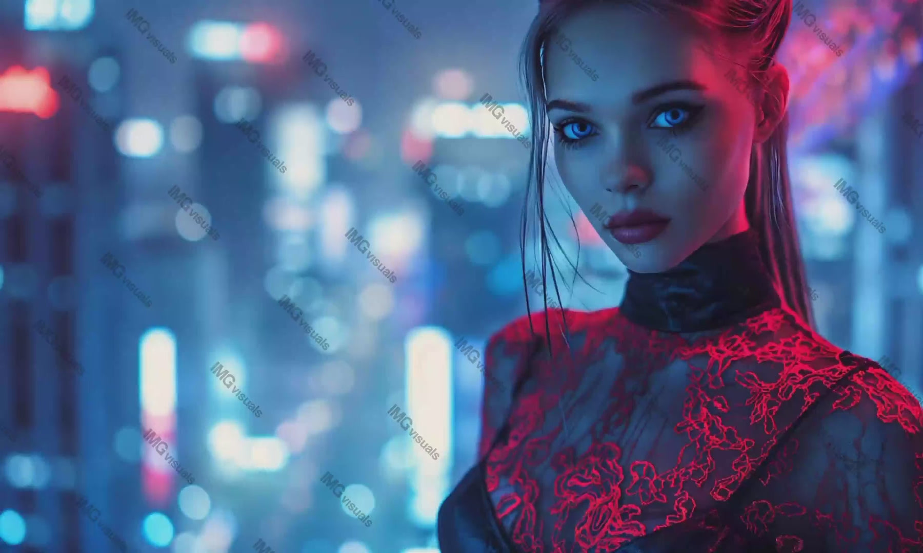 Young woman in red lace dress against neon cityscape video animation, ai generated. Female with piercing blue eyes animated footage HD clip seamless motion graphics. Cyberpunk urban night concept