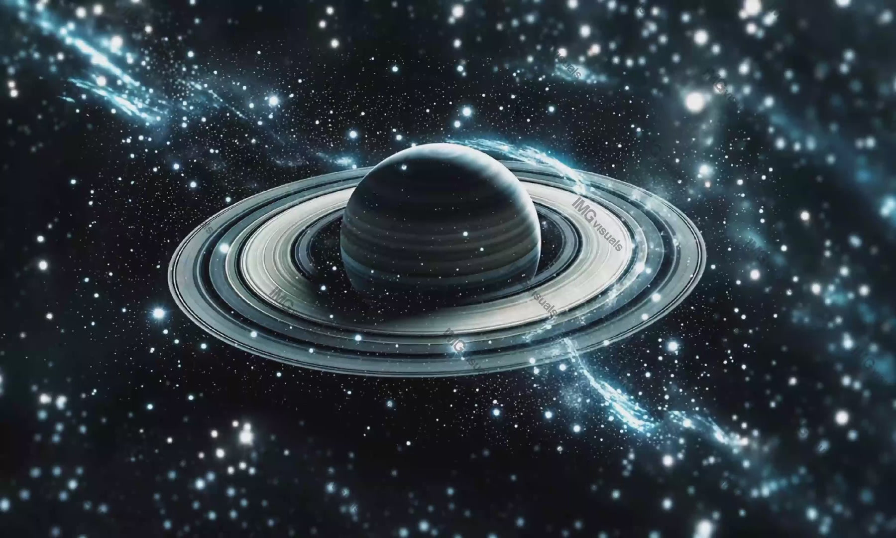 Saturn-like planet with glowing rings, stars and cosmic dust video animation, ai generated. Breathtaking celestial planetary animated footage HD clip seamless motion graphics. Outerspace concept