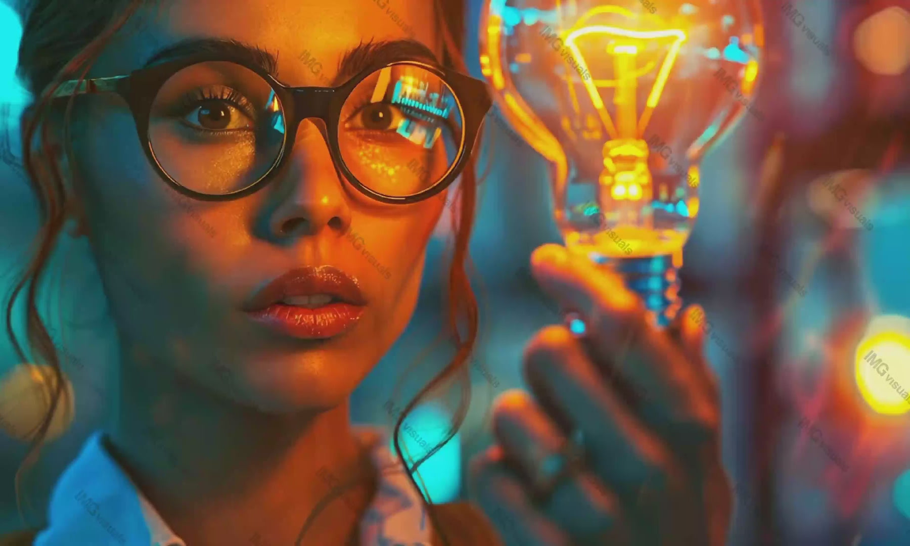 Young woman in glasses holding bright light bulb video animation, ai generated. Thinking deeply female animated footage HD clip seamless motion graphics. Startup. Exploring brilliant idea concept