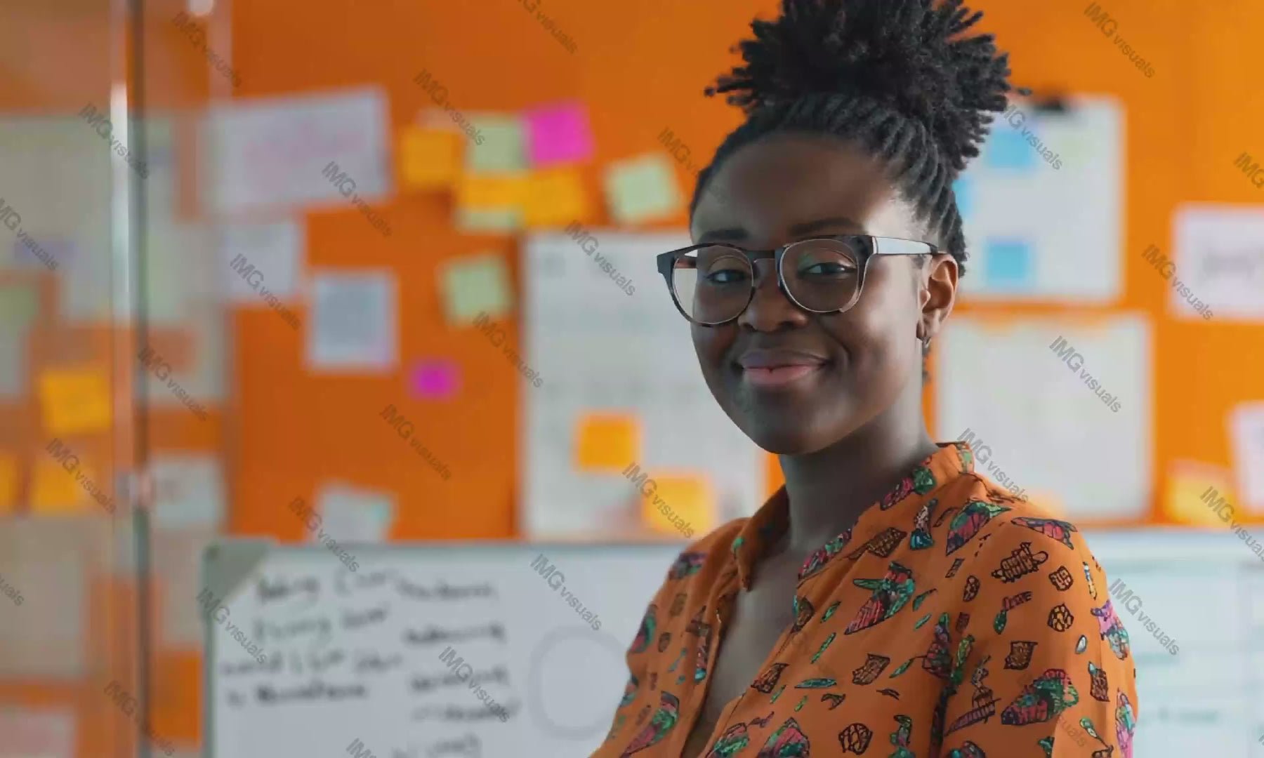 African american woman in glasses with brainstorming notes video animation, ai generated. Smiling confidently animated footage HD clip seamless motion graphics. Black woman office empowerment concept