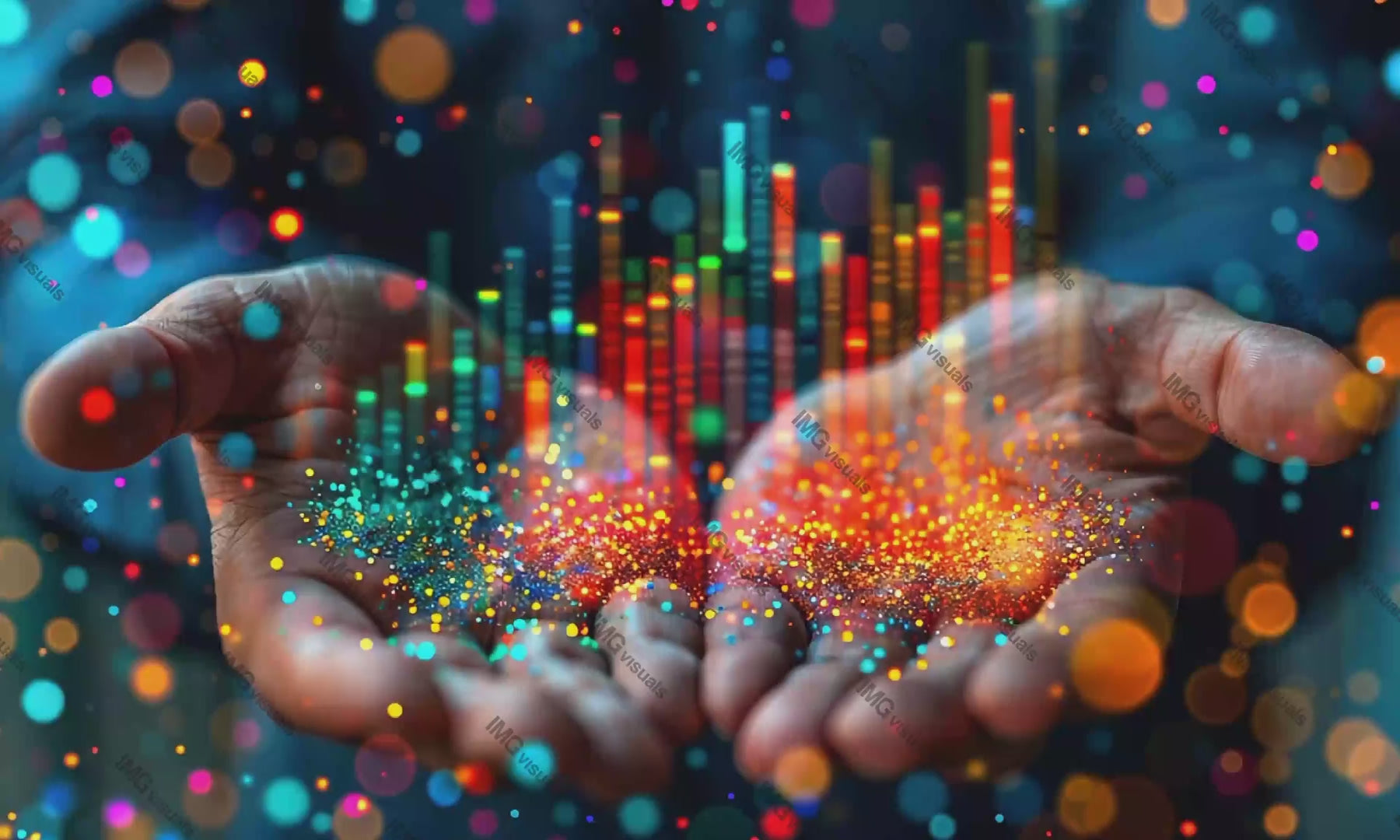 Hands cupped waveform soundwave shimmering video animation, ai generated. Digital sound wave pulse in palms animated footage HD clip seamless motion graphics. Data visualization creativity concept