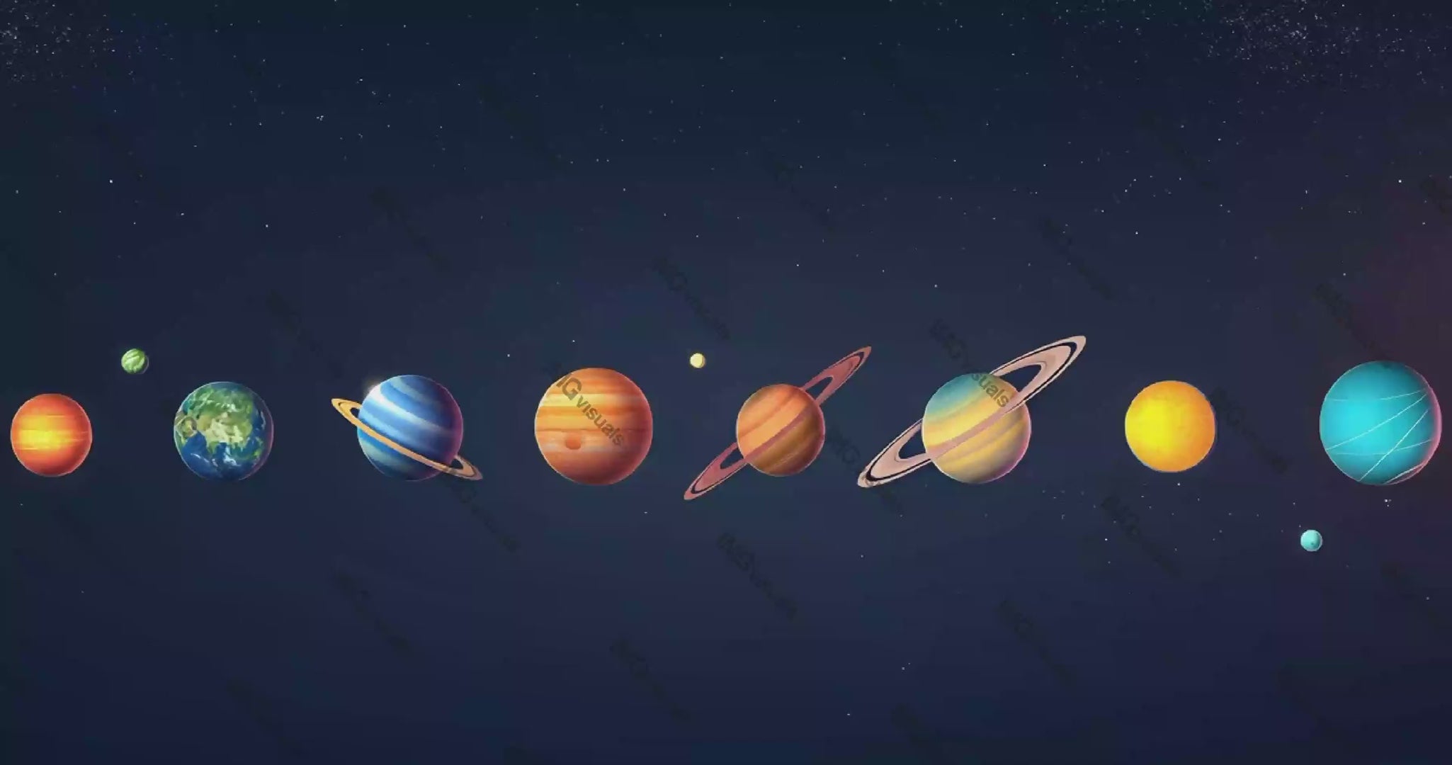 Minimalistic representation of solar system planets aligned video animation, ai generated. Planetary arrangement animated footage HD clip seamless motion graphics. Outerspace astronomy concept