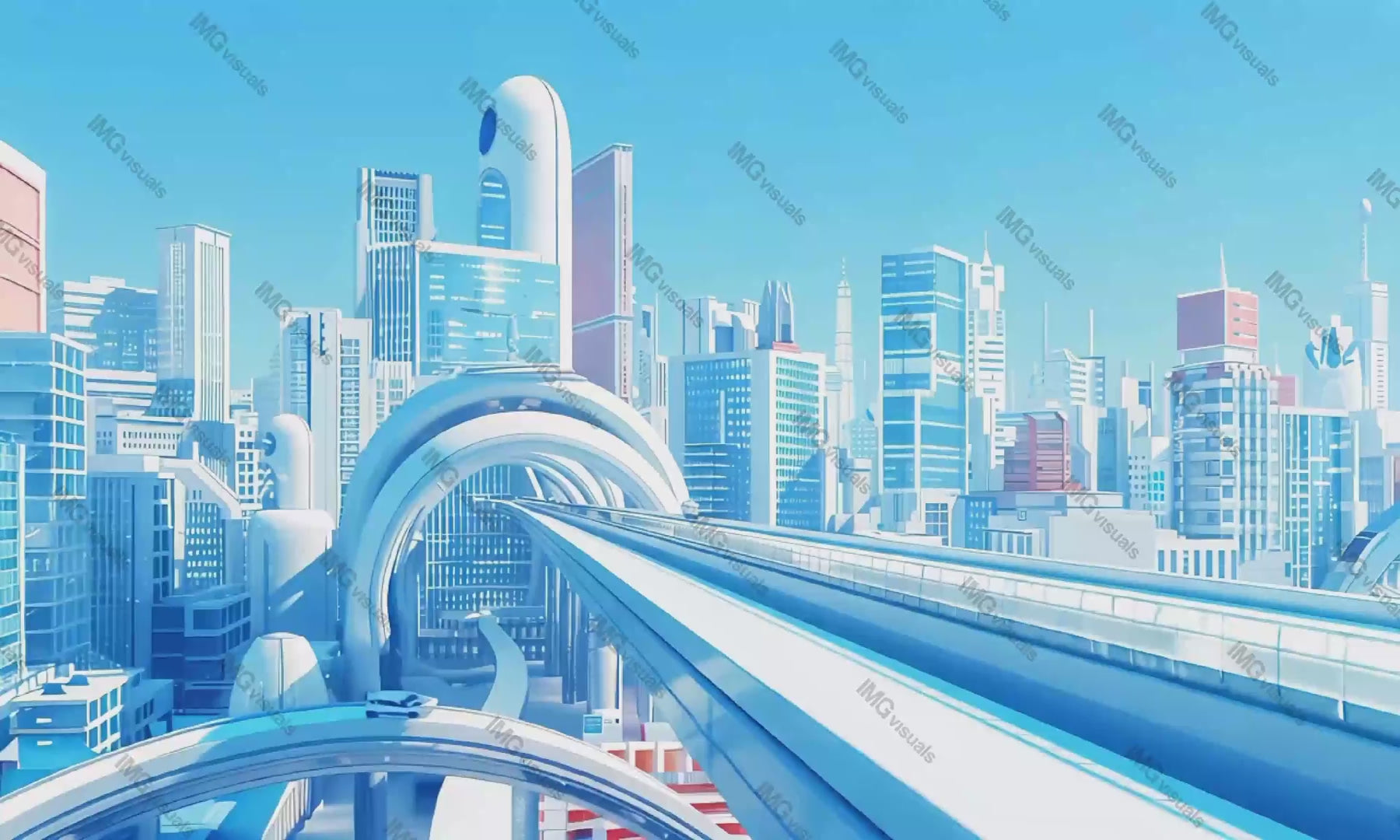 Bright futuristic city depicted in soft blue tones video animation, ai generated. Highways modern buildings under clear sky animated footage HD clip motion graphics. Smart transportation concept idea