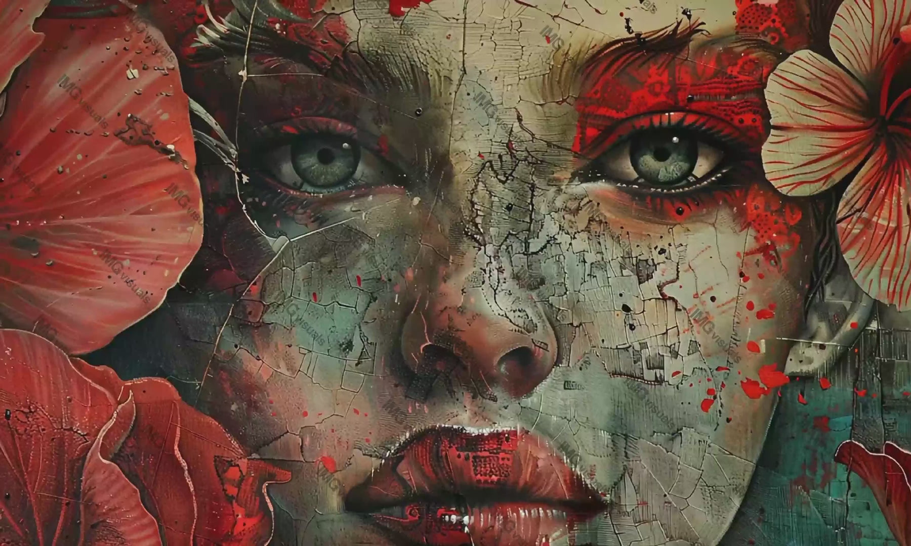 Tattered woman face artistically blended with red flowers video animation, ai generated. Intense expression animated footage HD clip seamless motion graphics. Surreal floral painted face concept