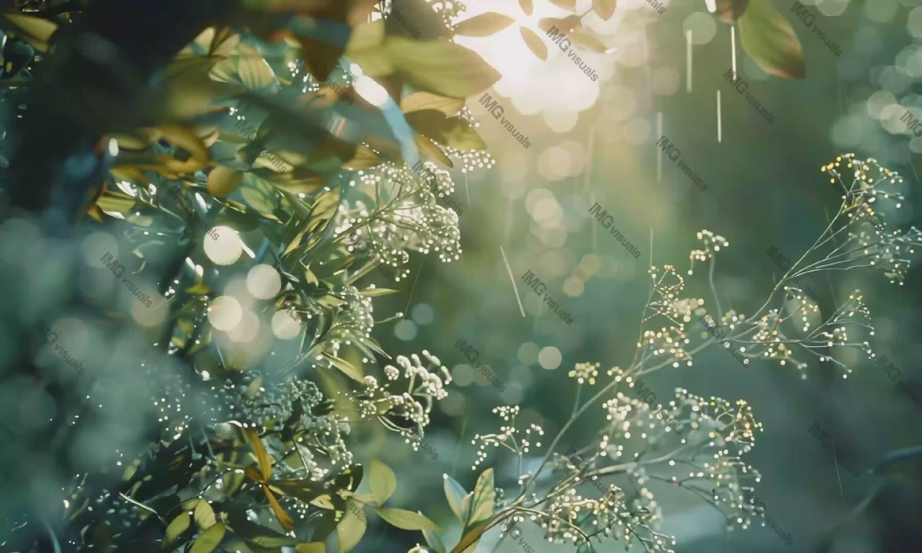 Sunlight bokeh rain drops falling behind lush greenery video animation, ai generated. Sunlit foliage raindrops animated footage HD clip seamless motion graphics. Rainfall forest nature concept