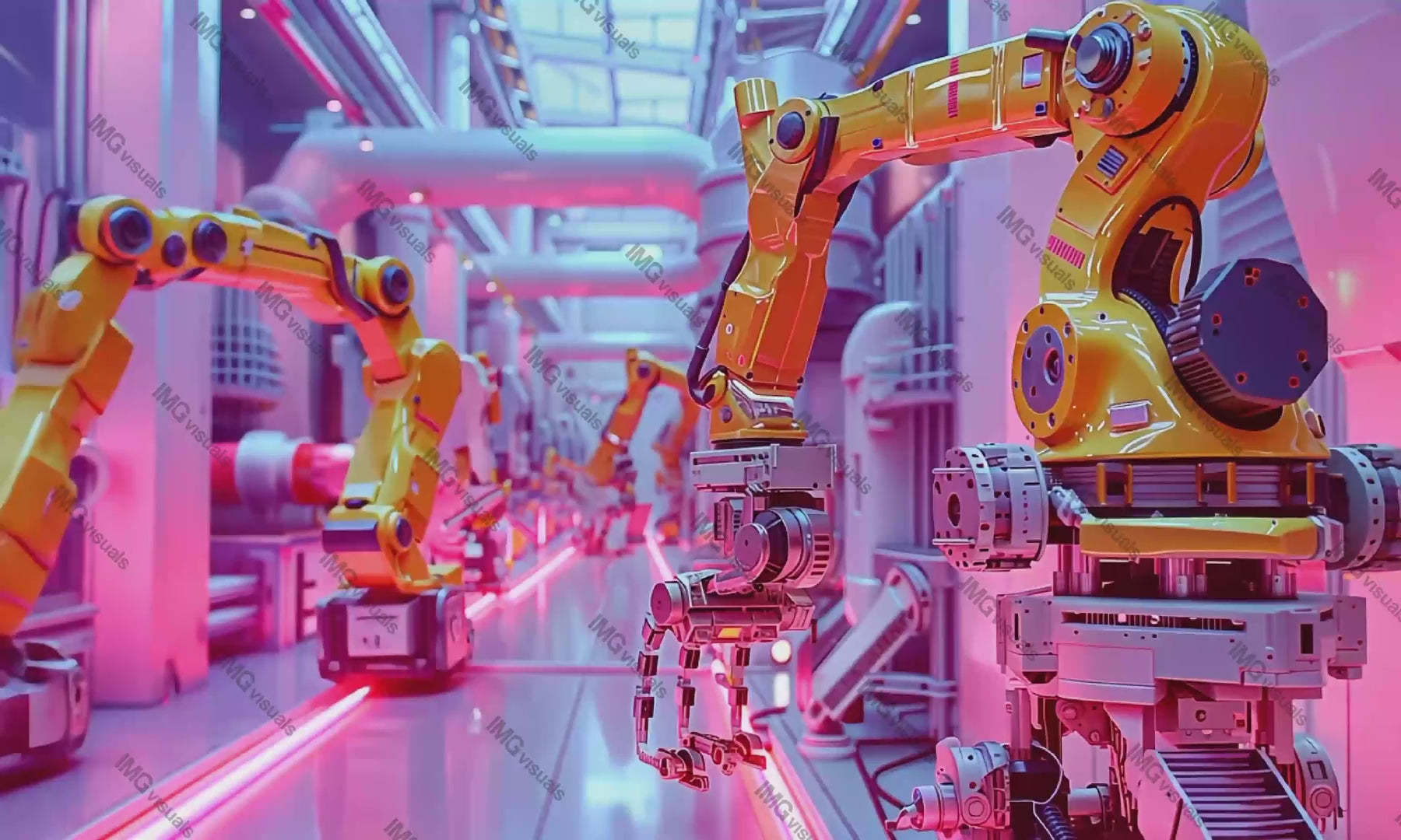 Futuristic robotic assembly line with robotic arms video animation, ai generated. Automated industrial environment animated footage HD clip motion graphics. Mechanical arms. Industry 4 0 concept