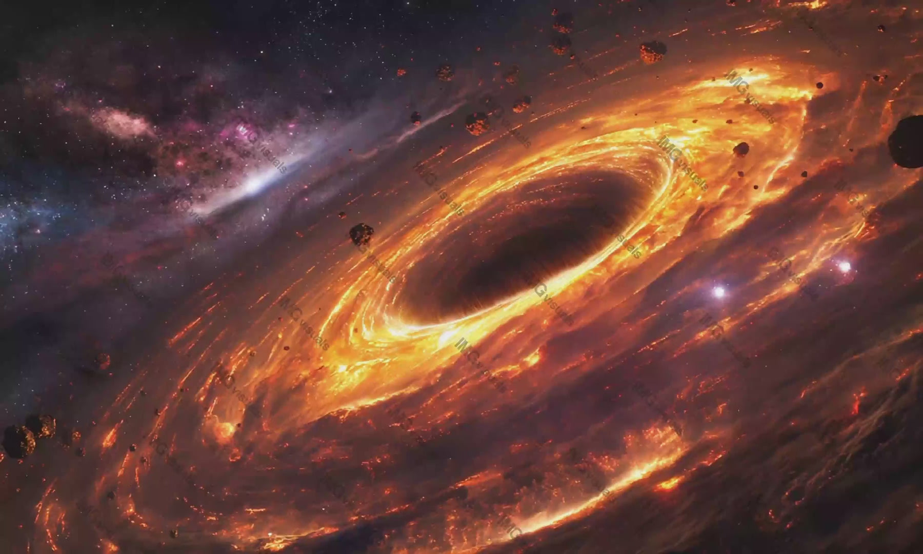 Fiery black hole surrounded by glowing orange swirls and asteroids video animation, ai generated. Celestial collapse animated footage HD clip motion graphics. Space phenomenon. Blackhole concept