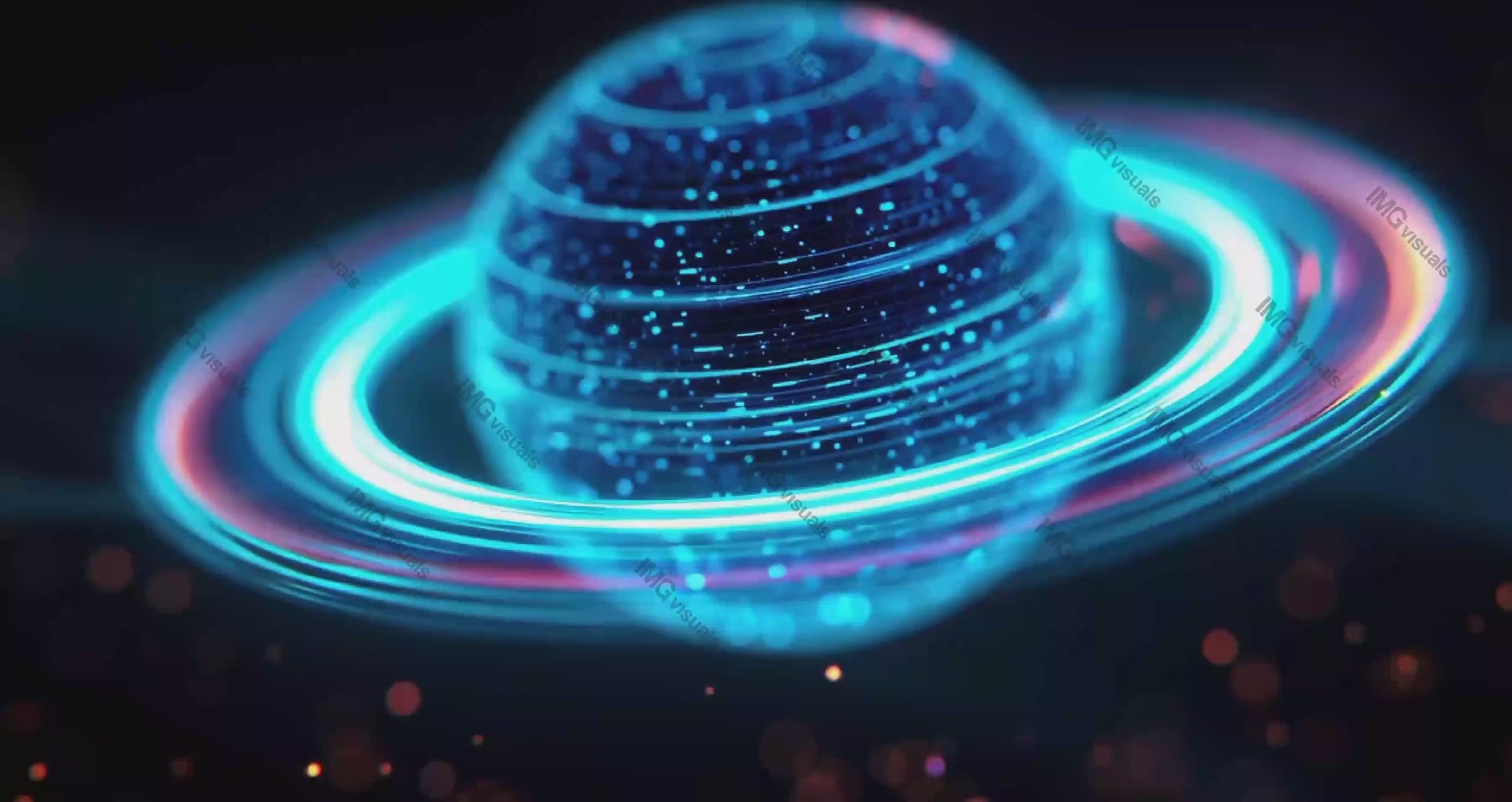 Luminous futuristic planet encircled by glowing neon rings video animation, ai generated. Sci-fi cosmos. Planetary space abstraction animated footage HD clip motion graphics. Outerspace concept