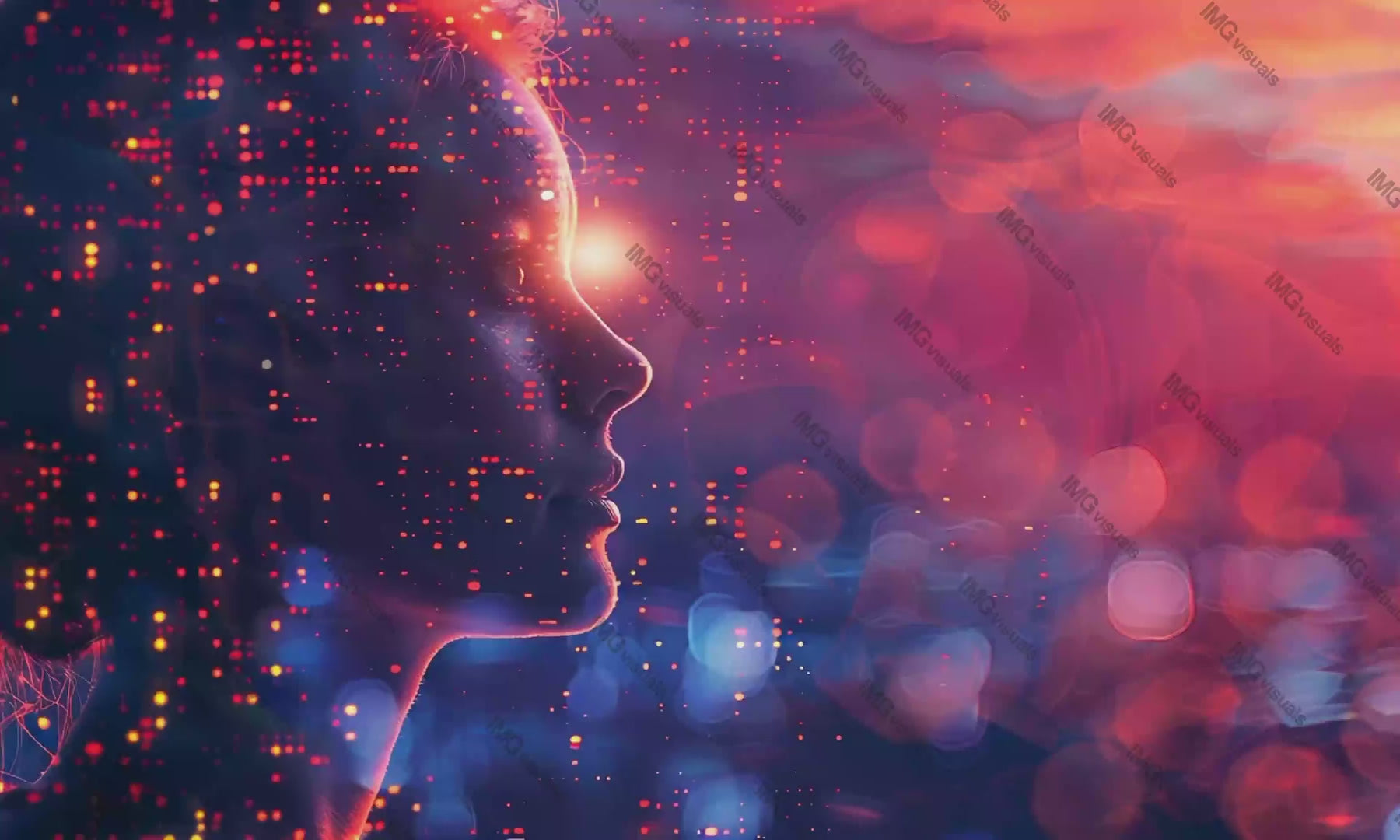 Woman rotating in bright red lights and bokeh effect video animation, ai generated. Digital vibrant portrait short hair female animated footage HD clip motion graphics. Visualization concept