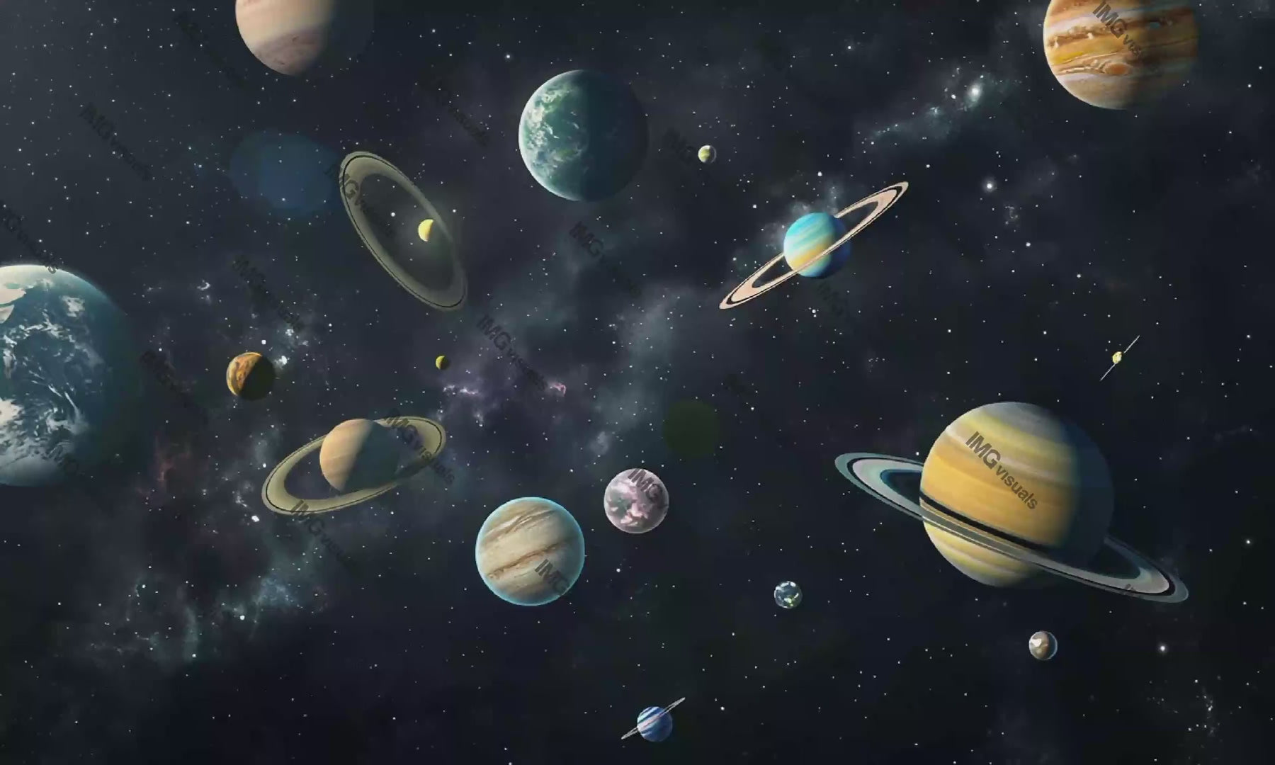 Solar system with multiple planets and Earth video animation, ai generated. Celestial objects surrounded by stars and cosmic dust animated footage HD clip seamless motion graphics. Outerspace concept