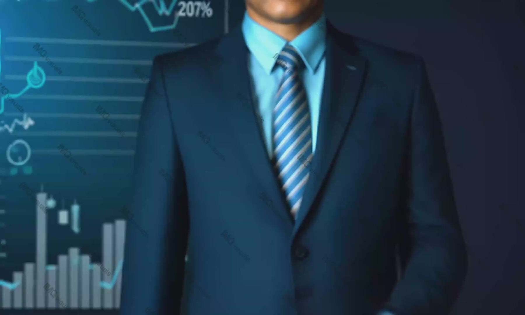 Businessman interacting with holographic financial interface video animation, ai generated. Economic trends. Charts graphs animated footage HD clip seamless motion graphics. Data visualization concept
