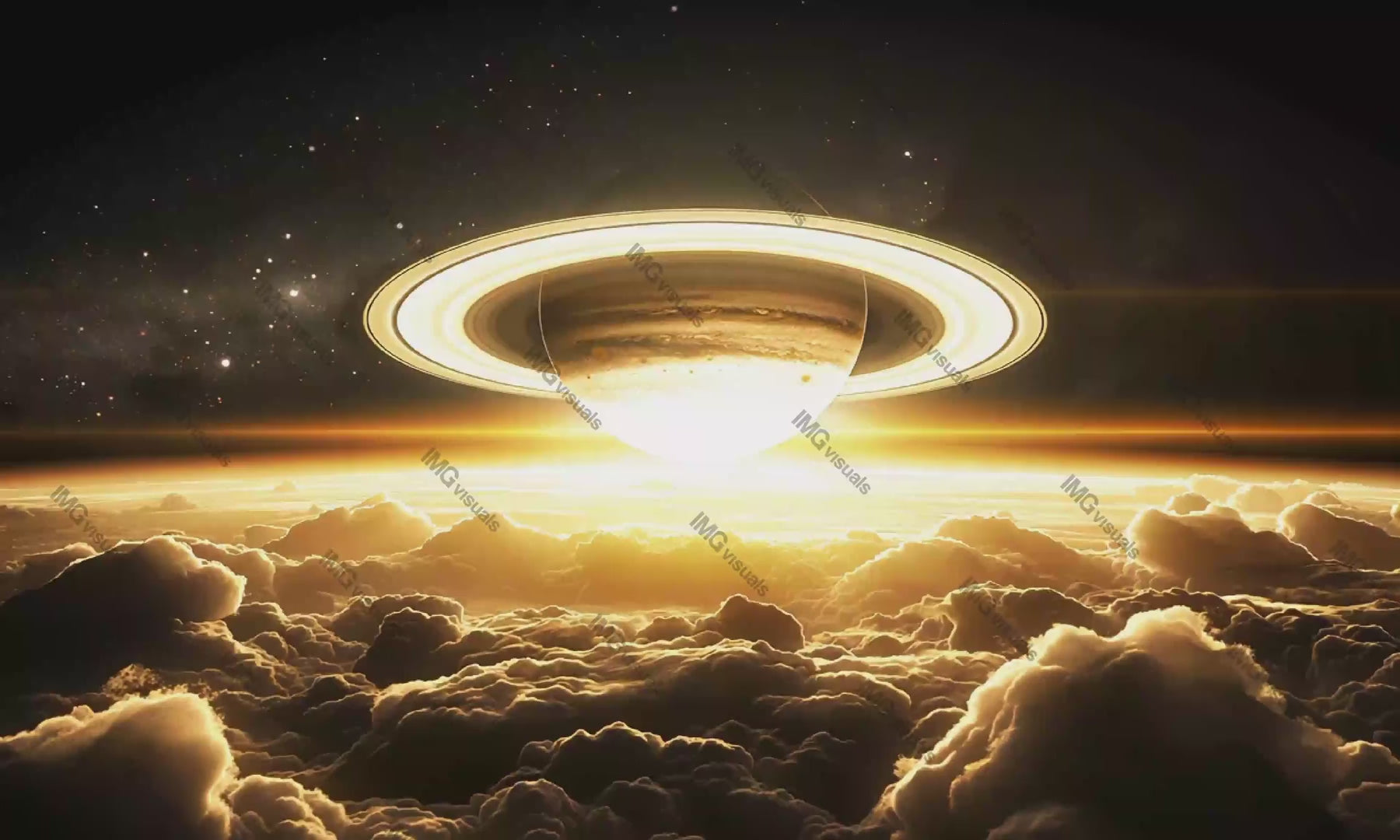 Saturn above glowing golden clouds video animation, ai generated. Surreal view of ringed planet celestial dreamscape animated footage HD clip seamless motion graphics. Outerspace concept