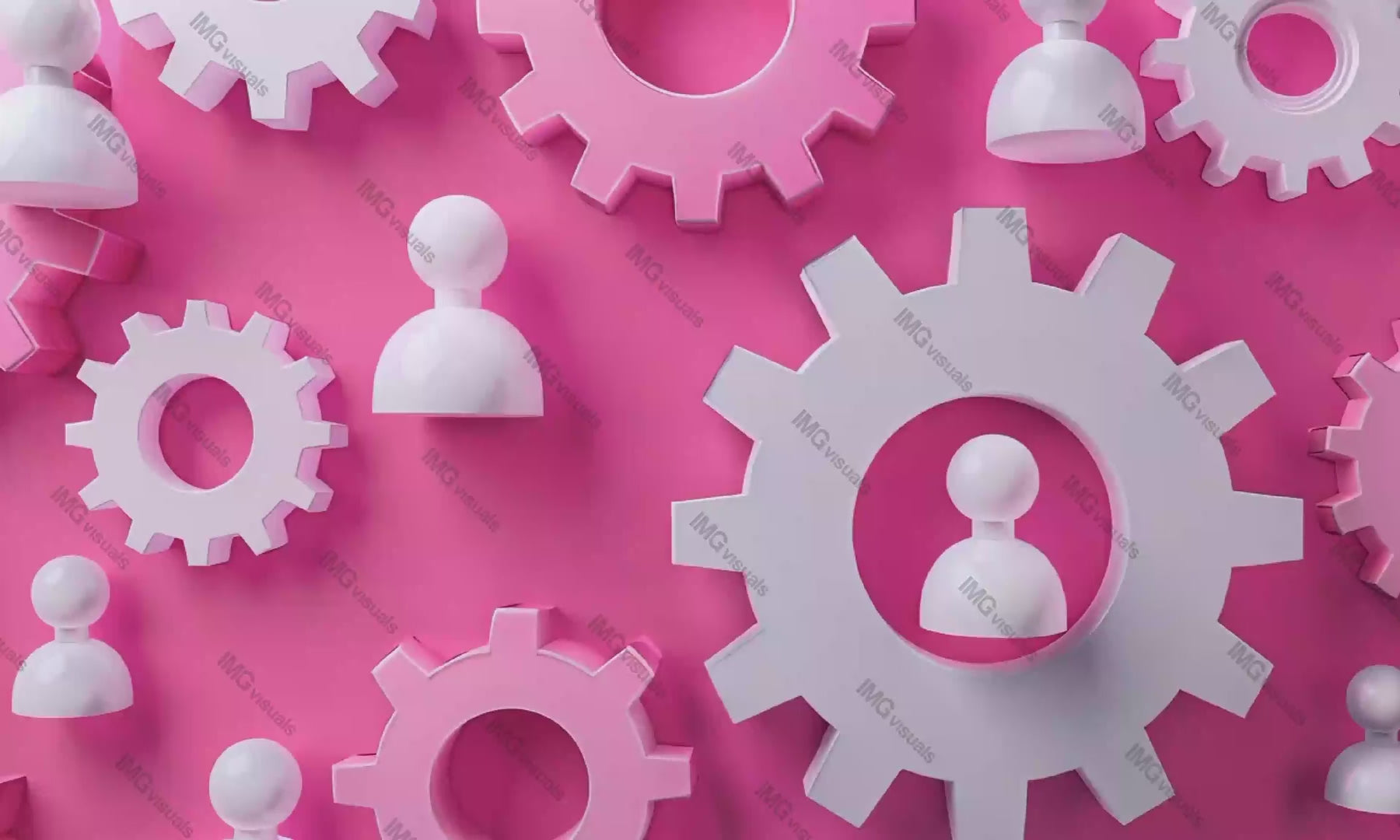 Pink and white gears interlinked with human figures video animation, ai generated. Cog wheels animated footage HD clip seamless motion graphics. Partnership. Teamwork, social networking concept