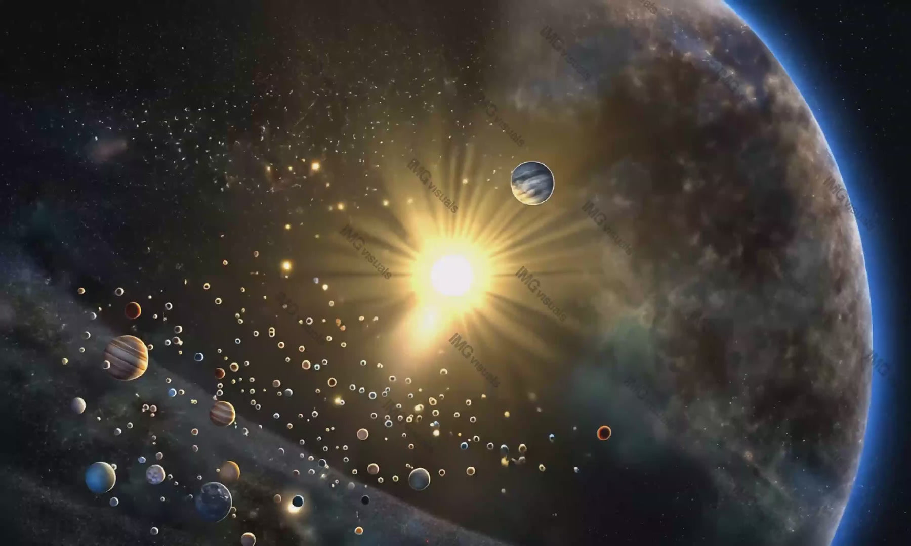 Radiant star system formation with glowing sun video animation, ai generated. Planets, asteroids, cosmic particles in swirling space animated footage HD clip motion graphics. Outerspace concept