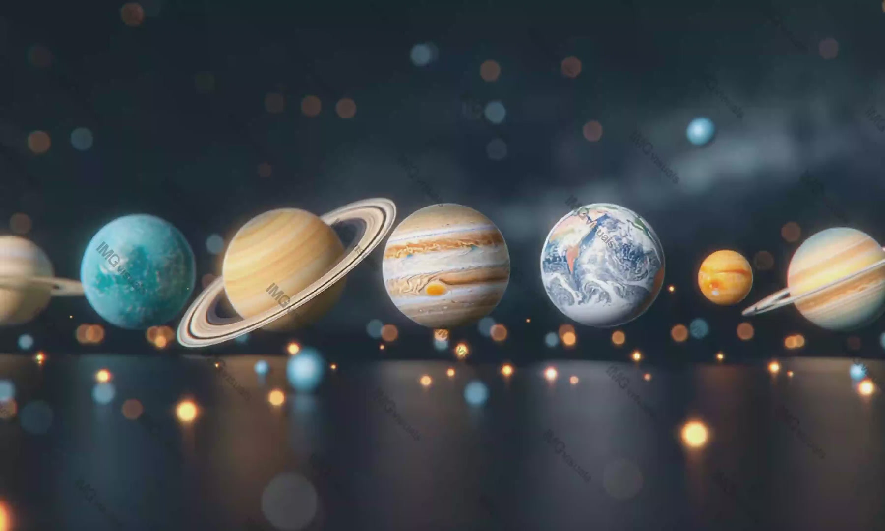 Creative alignment of solar system planets video animation, ai generated. Planetary celestial objects with soft glowing lights animated footage HD clip seamless motion graphics. Outerspace concept
