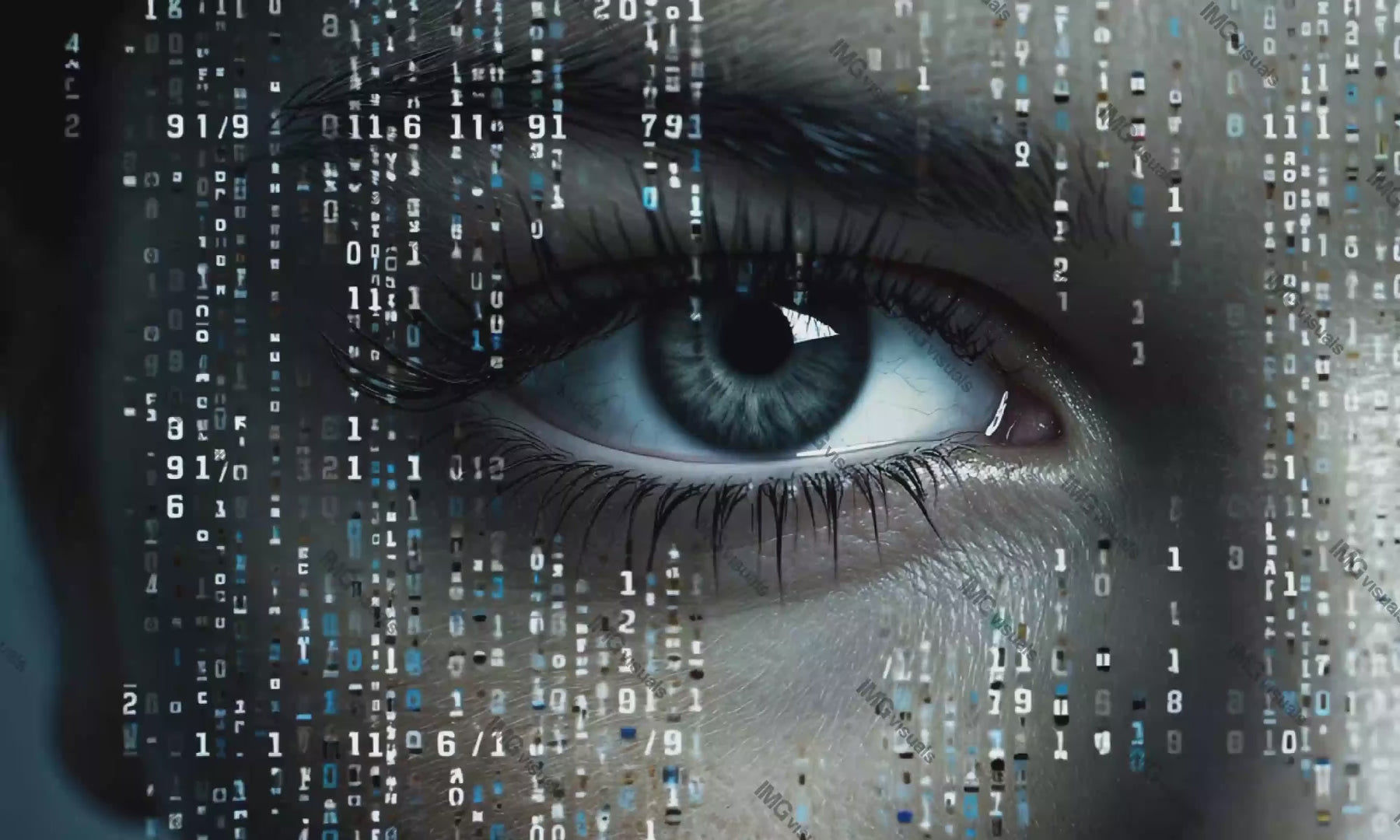 Blend of human vision and technology closeup video animation, ai generated. Digital integration. Female blue eye surrounding code animated footage HD clip motion graphics. Data visualization concept