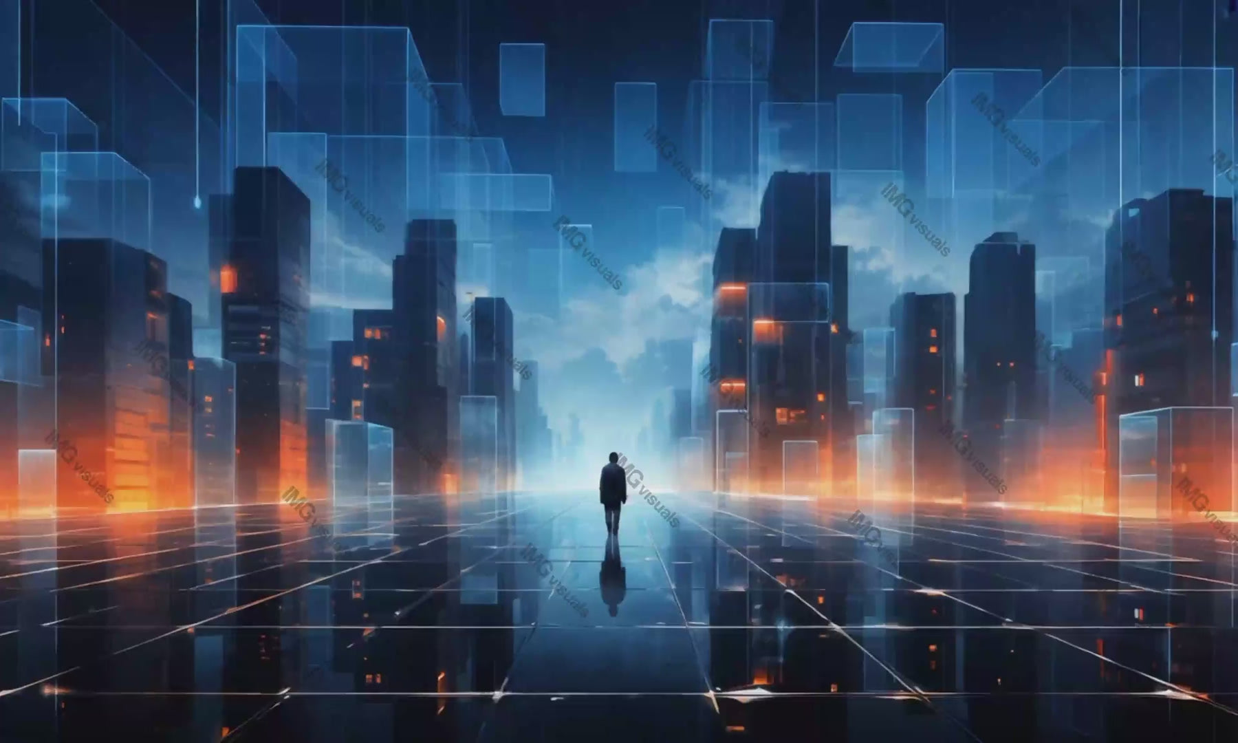 Silhouette of person against futuristic cityscape video animation, ai generated. Transparent digital blueprints glowing animated footage HD clip seamless motion graphics. Future skyline tech concept