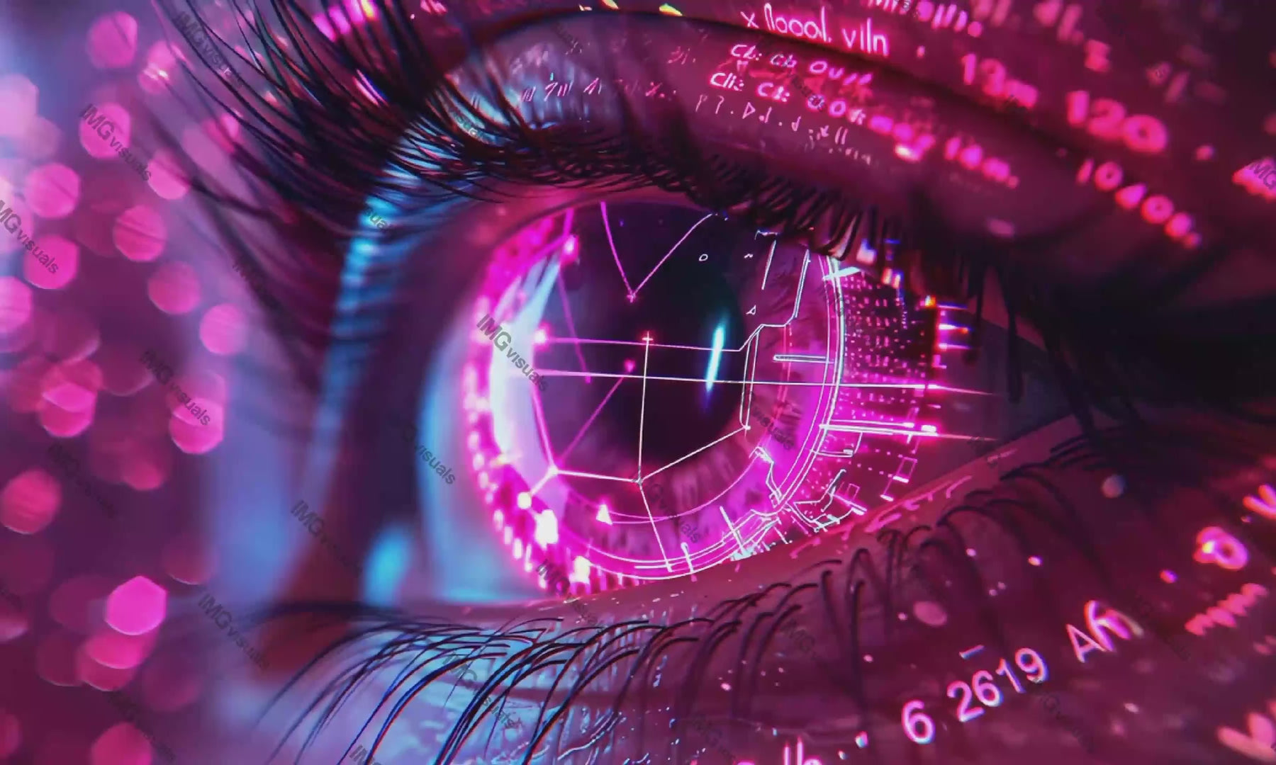 Futuristic human eye enhanced with intricate pink cybernetic video animation, ai generated. Advanced biometric technology animated footage HD clip seamless motion graphics. Personal security concept