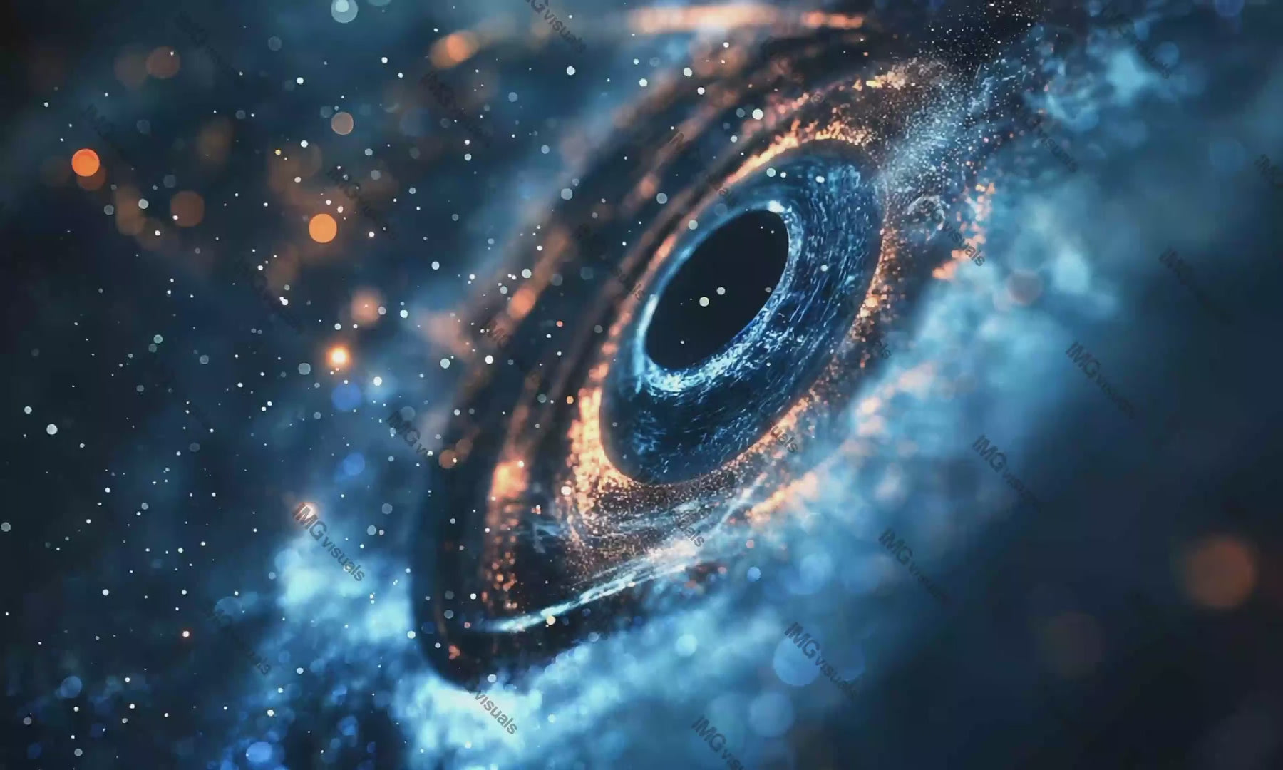 Nebulous and starry universe with central black hole video animation, ai generated. Surreal cosmic vortex animated footage HD clip seamless motion graphics. Vibrant blue orange hues. Galaxy concept