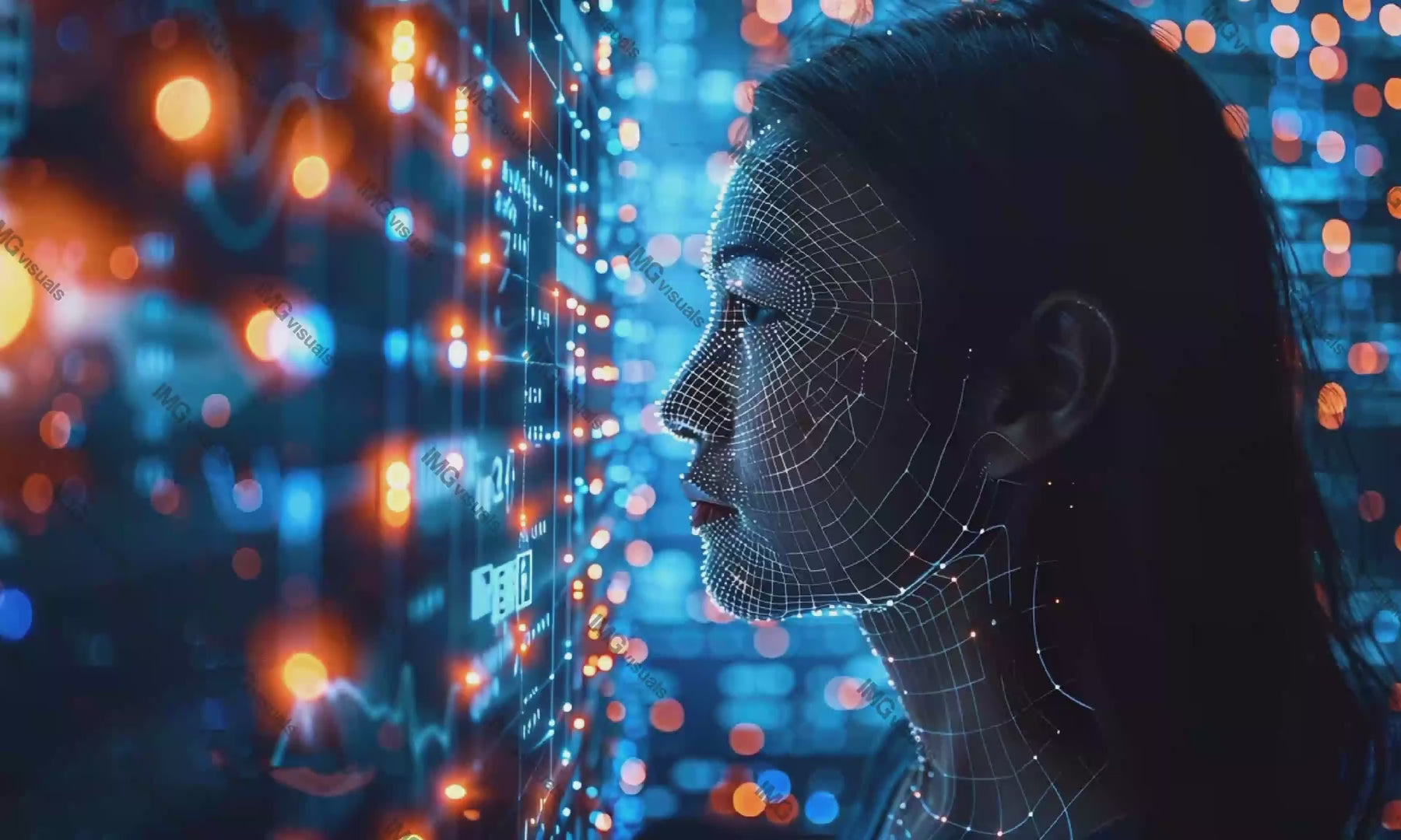 Side profile female face with digital grid lines overlaying video animation, ai generated. Blue orange data points. Asian woman animated footage HD clip seamless motion graphics. Visualization concept