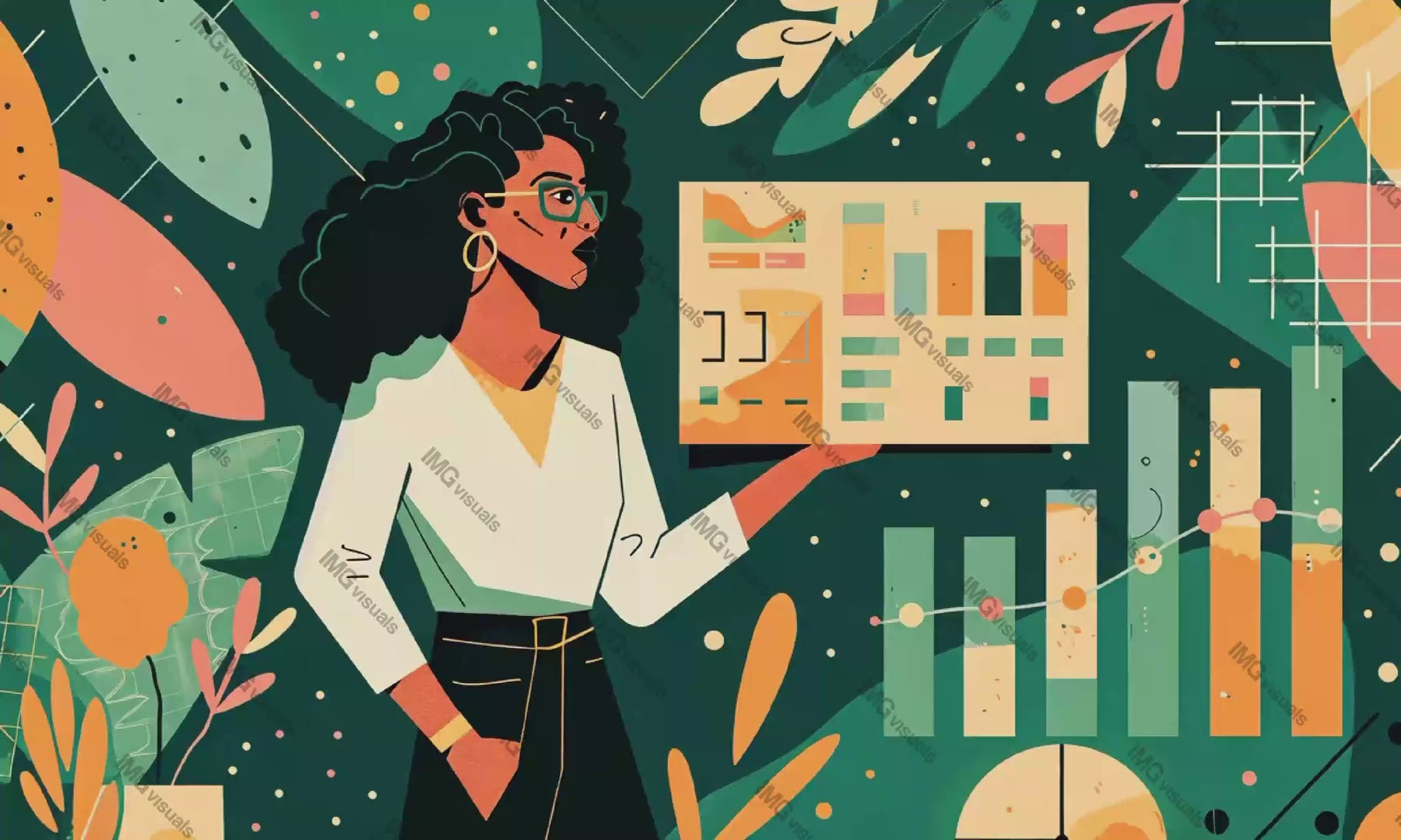 Hispanic woman in glasses giving presentation corporate video animation, ai generated. Botanical elements, graphs charts animated footage HD clip seamless motion graphics. Data visualization concept