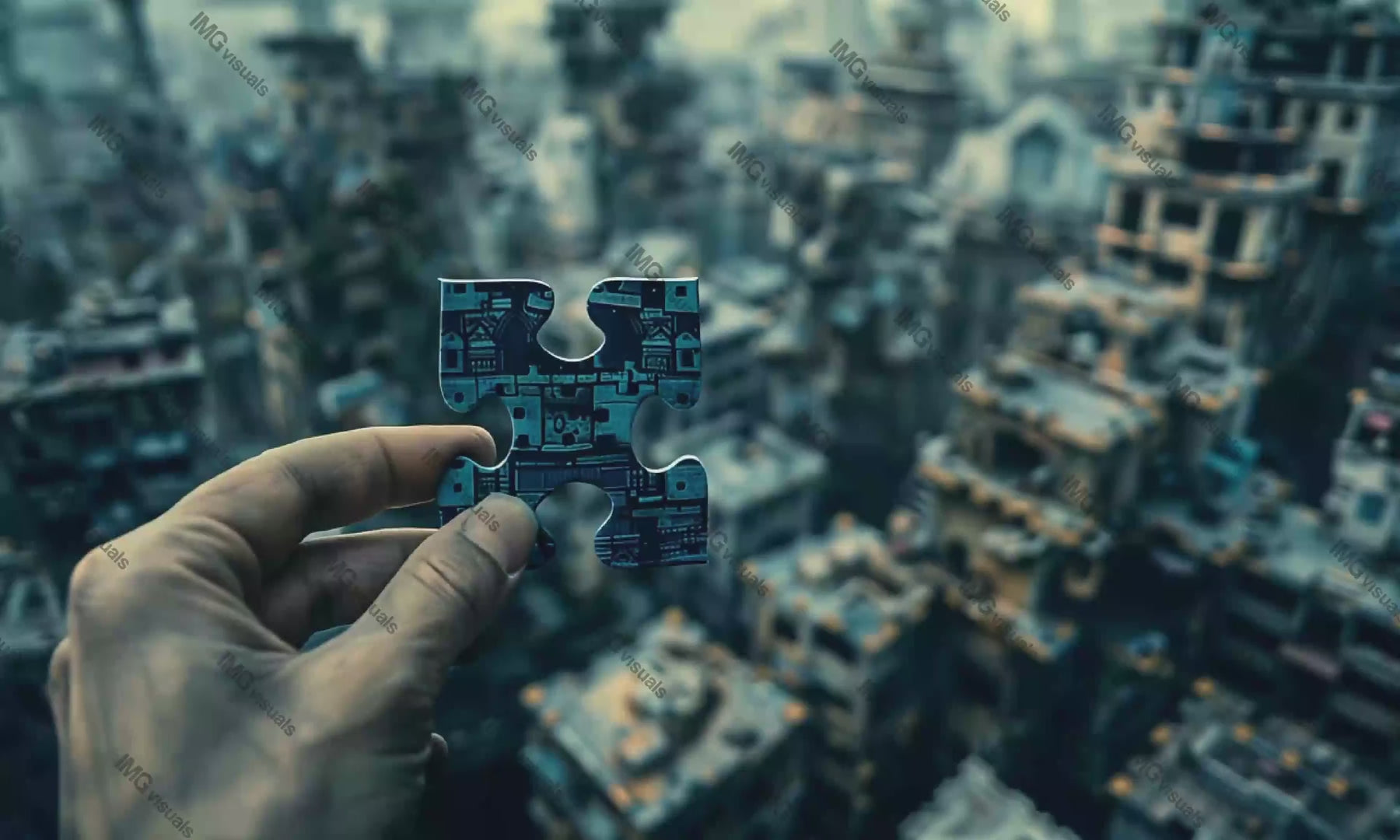 Hand holding jigsaw puzzle piece above surreal cityscape video animation, ai generated. Abstract urbanism animated footage HD clip seamless motion graphics. Finding solutions in complexity concept