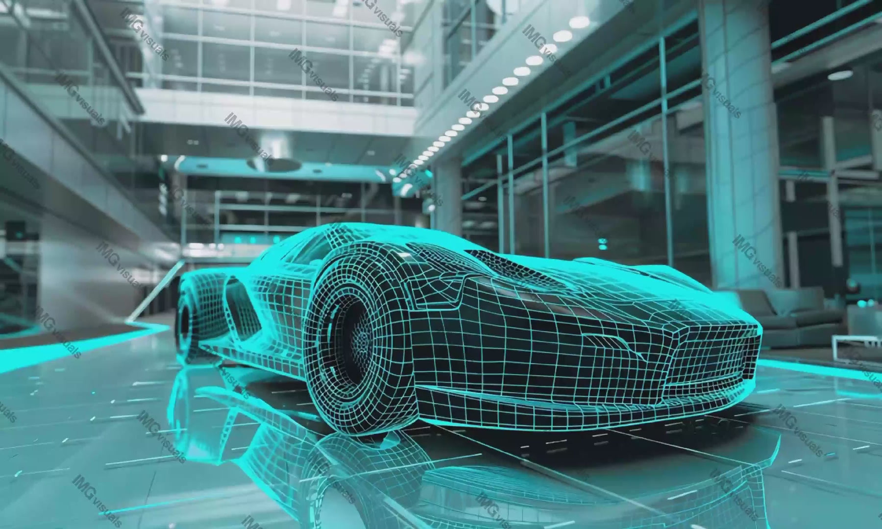 Futuristic sports car with glowing teal wireframe design video animation, ai generated. Automobile digital overlay in high-tech showroom animated footage HD clip motion. Auto visualization concept