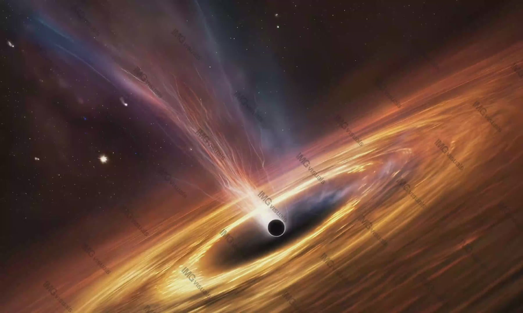 Powerful black hole absorbing nearby celestial body video animation, ai generated. Fiery vortex. Galactic destruction. Intense cosmic activity animated footage HD motion graphics. Blackhole concept