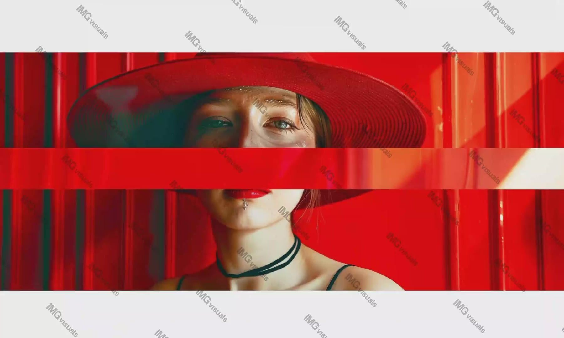 Artistic portrait of young woman in red hat video animation, ai generated. Creative vibrant red stripe across female face animated footage HD clip seamless motion graphics. Fashion statement concept