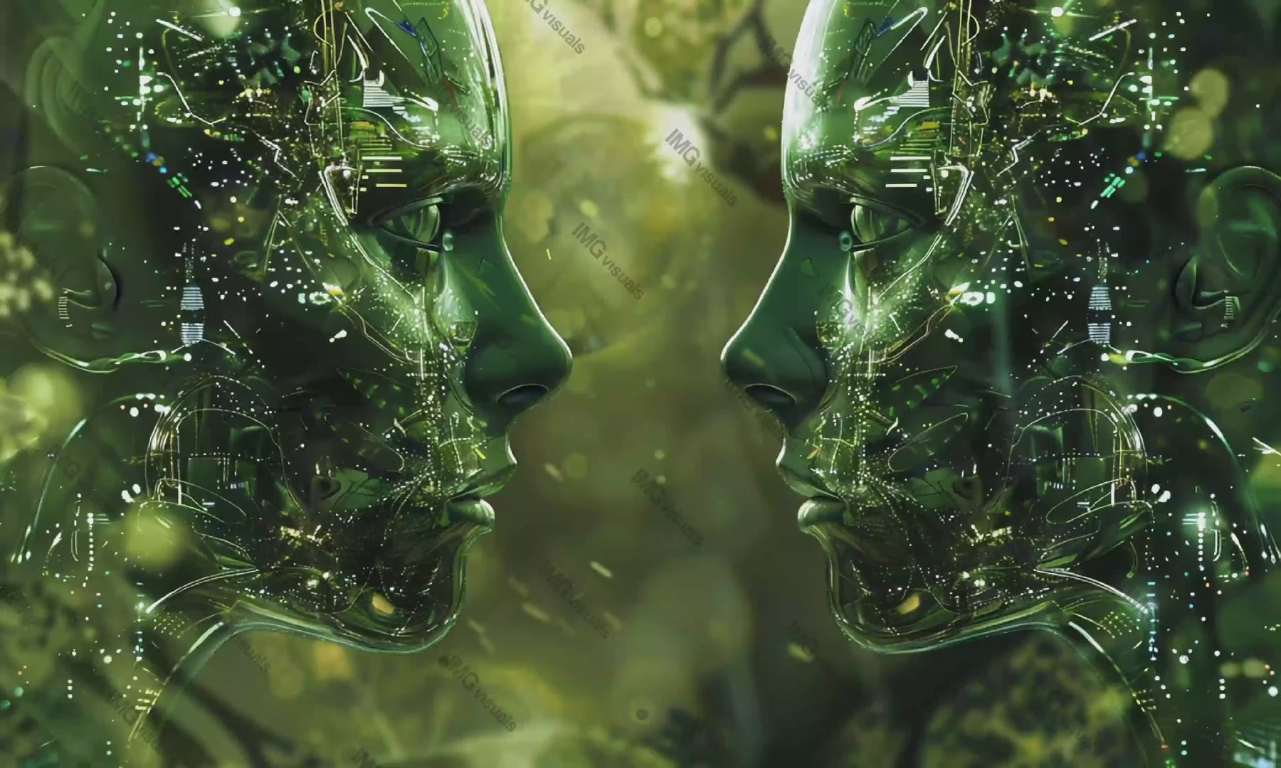 Two cybernetic faces in vivid green landscape video animation, ai generated. Intricate electronic components in heads robotic animated footage HD clip seamless motion graphics. Clone nature concept