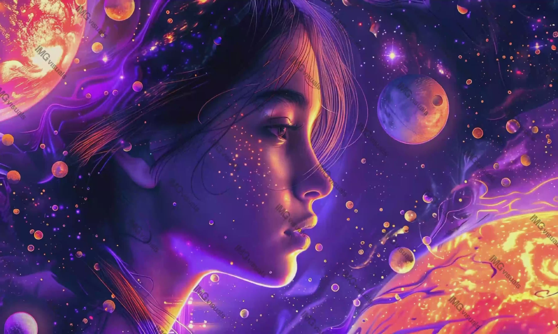 Mesmerizing portrait of young woman with cosmic visuals video animation, ai generated. Female profile with vibrant celestial bodies animated footage HD clip motion graphics. Human and universe concept
