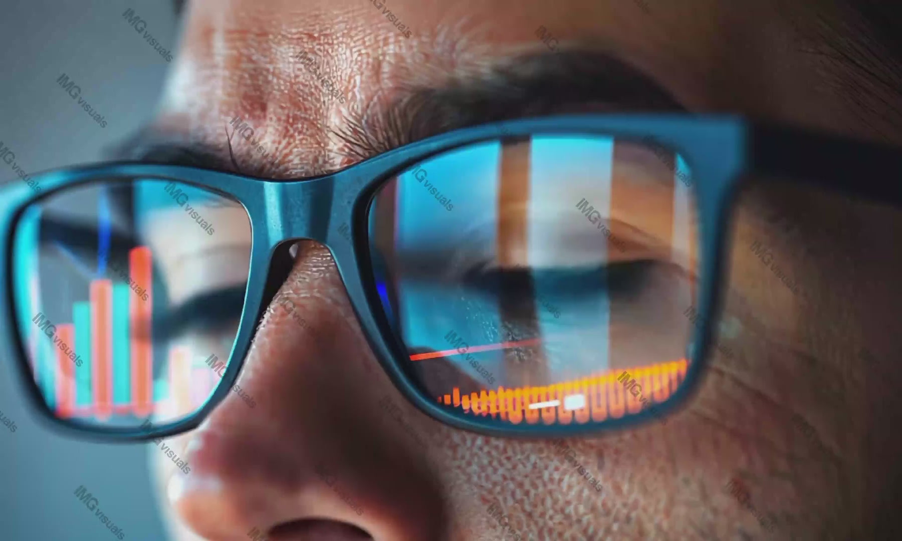 Male glasses reflecting vibrant financial data charts video animation, ai generated. Analytical technology. Eyeglasses animated footage HD clip seamless motion graphics. Data visualization concept