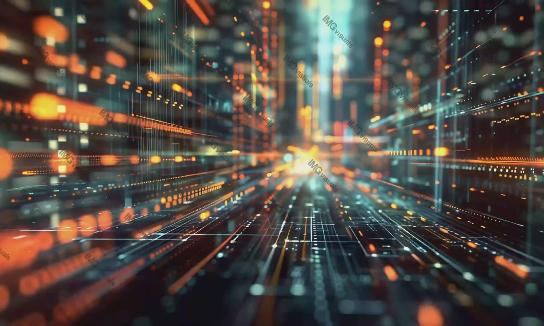 Abstract digital landscape video animation, ai generated. Glowing orange data lines and geometric shapes animated footage HD clip motion graphics. Digital traffic. High-speed data transmission concept