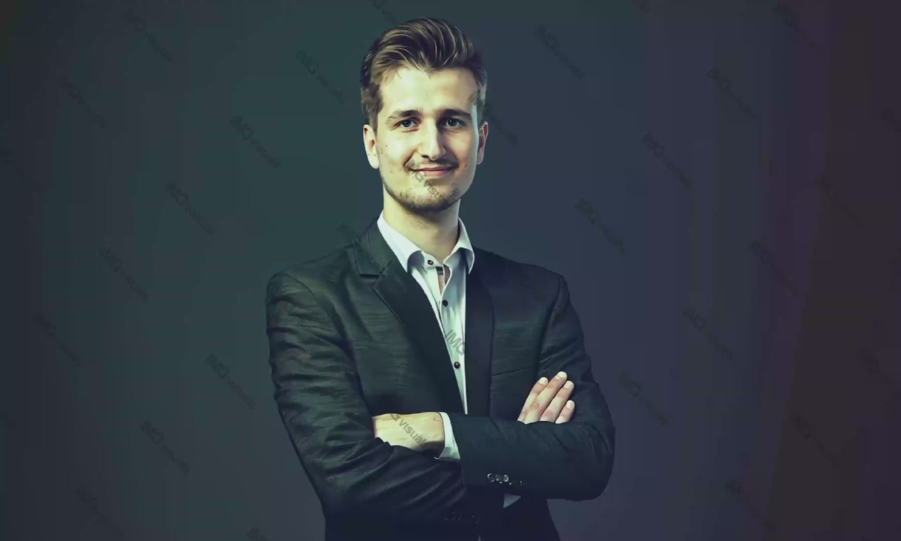 Confident businessman crossed arms video animation, ai generated. Man in dark suit against digital network connections animated footage HD clip seamless motion graphics. Data visualization concept