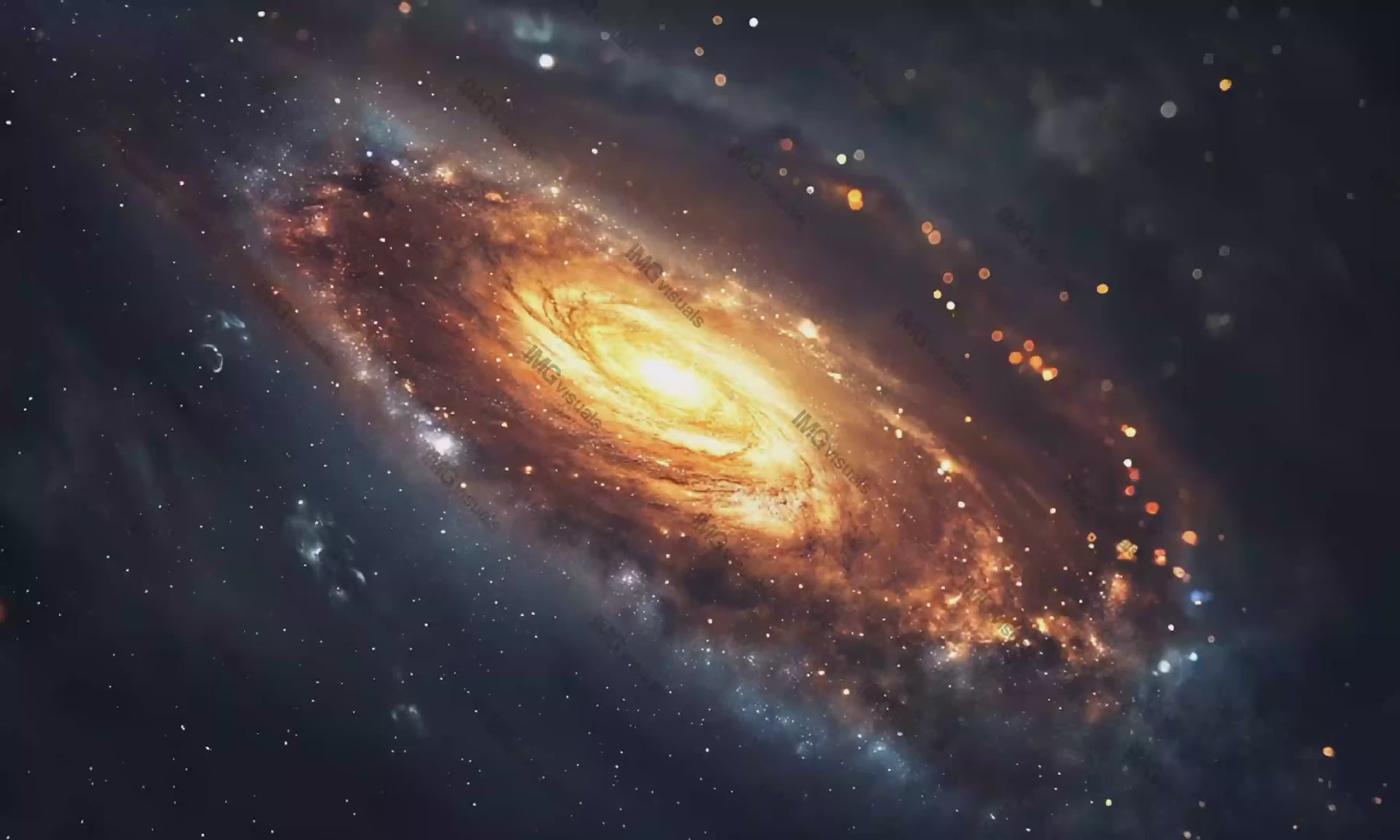 Golden spiral galaxy video animation, ai generated. Luminous swirling celestial phenomenon surrounded by stars, cosmic dust animated footage HD clip seamless motion graphics. Outerspace concept